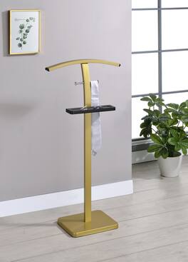 Kings Brand Furniture - Freestanding Clothing Valet Rack Stand, Metal & Wood Suit Rack with Clothing Bar, Accessory Tray - Gold / Black