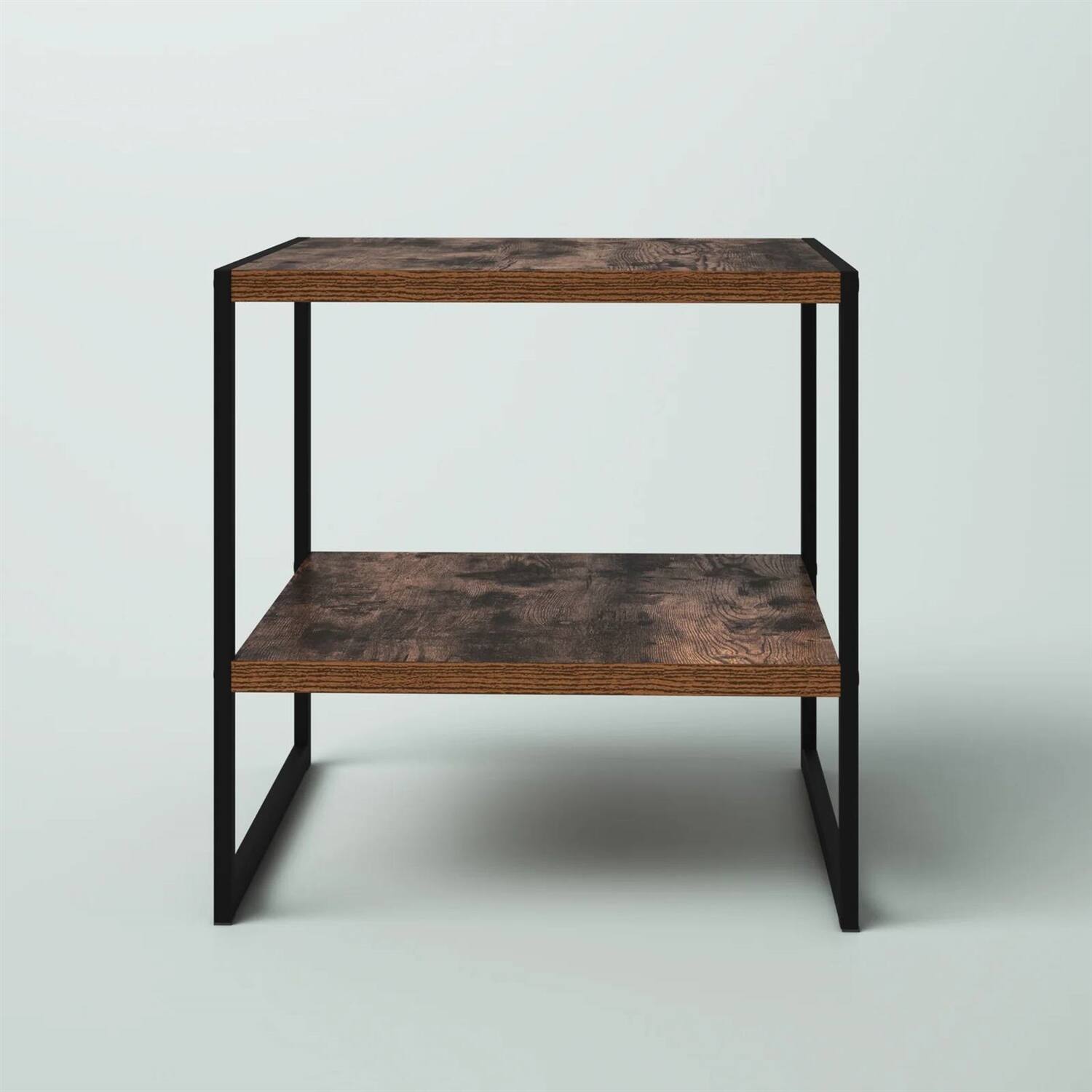 Back. Hivvago - Industrial Modern Black Metal Brown Wood Top Nightstand End Table with Shelf - Matte Black.
