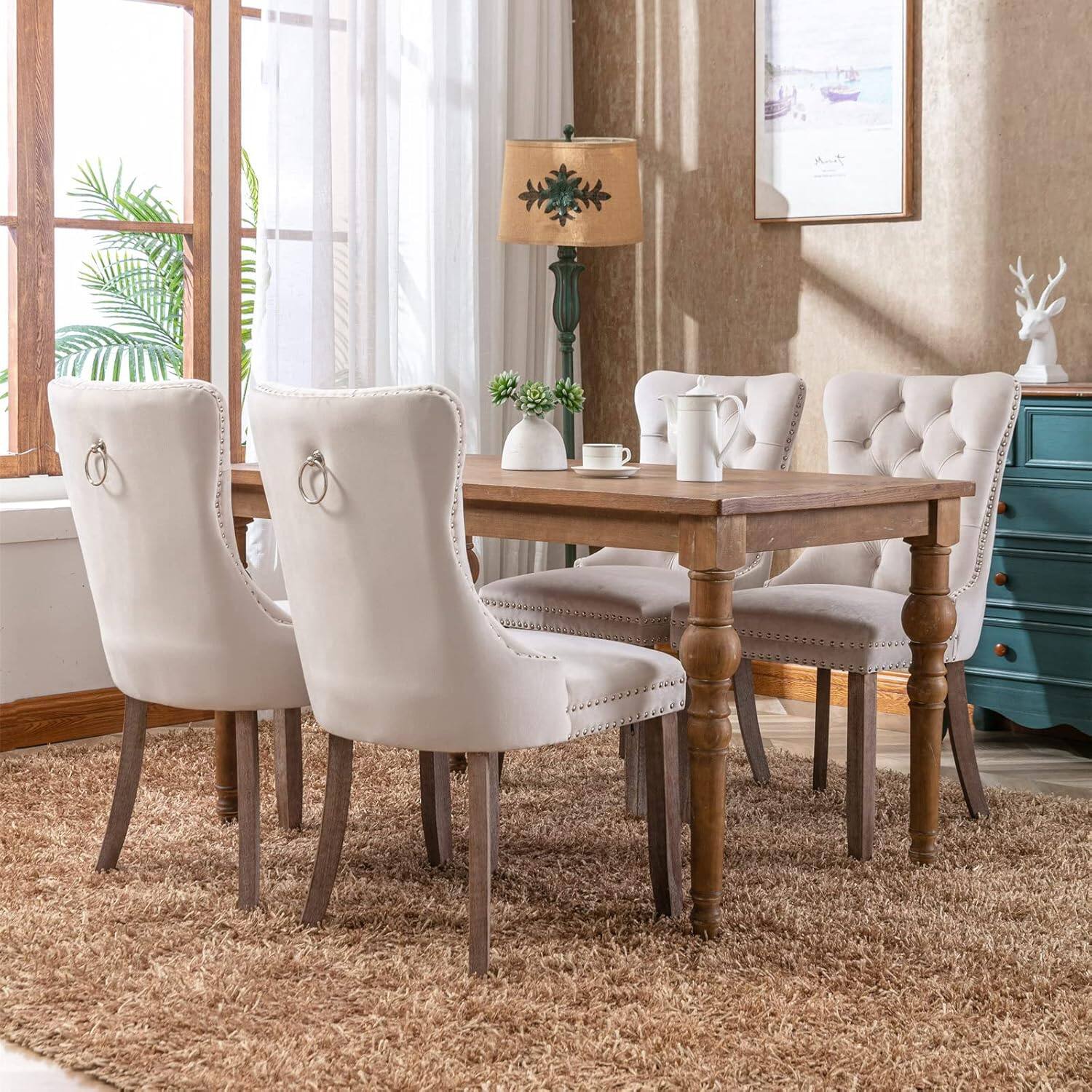 Alt View 2. Trinkets Crazed - Velvet Dining Chairs Set of 2, Upholstered High-end Tufted Dining Room Chair with Wood Legs Nailhead Trim for Kitchen - beige.