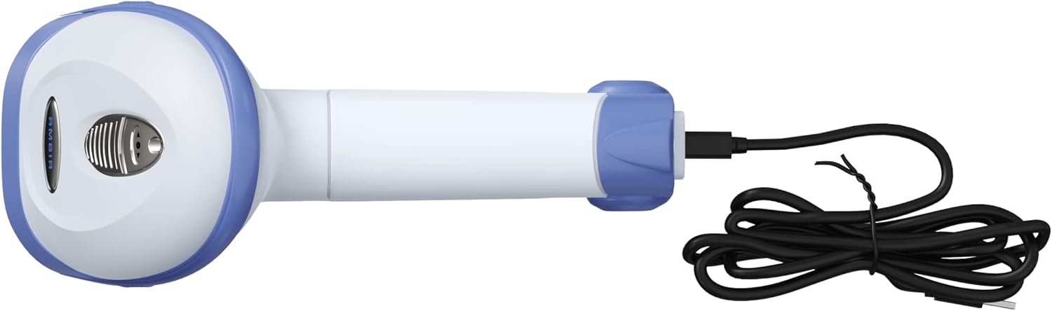 Left. Ambir Technology Inc - AMBIR BR100 Wired/USB Barcode Scanner: Supports-1D,2D,PDF417, & QR barcodes. OS: Win, Mac, Linux, Android. - White and Blue.