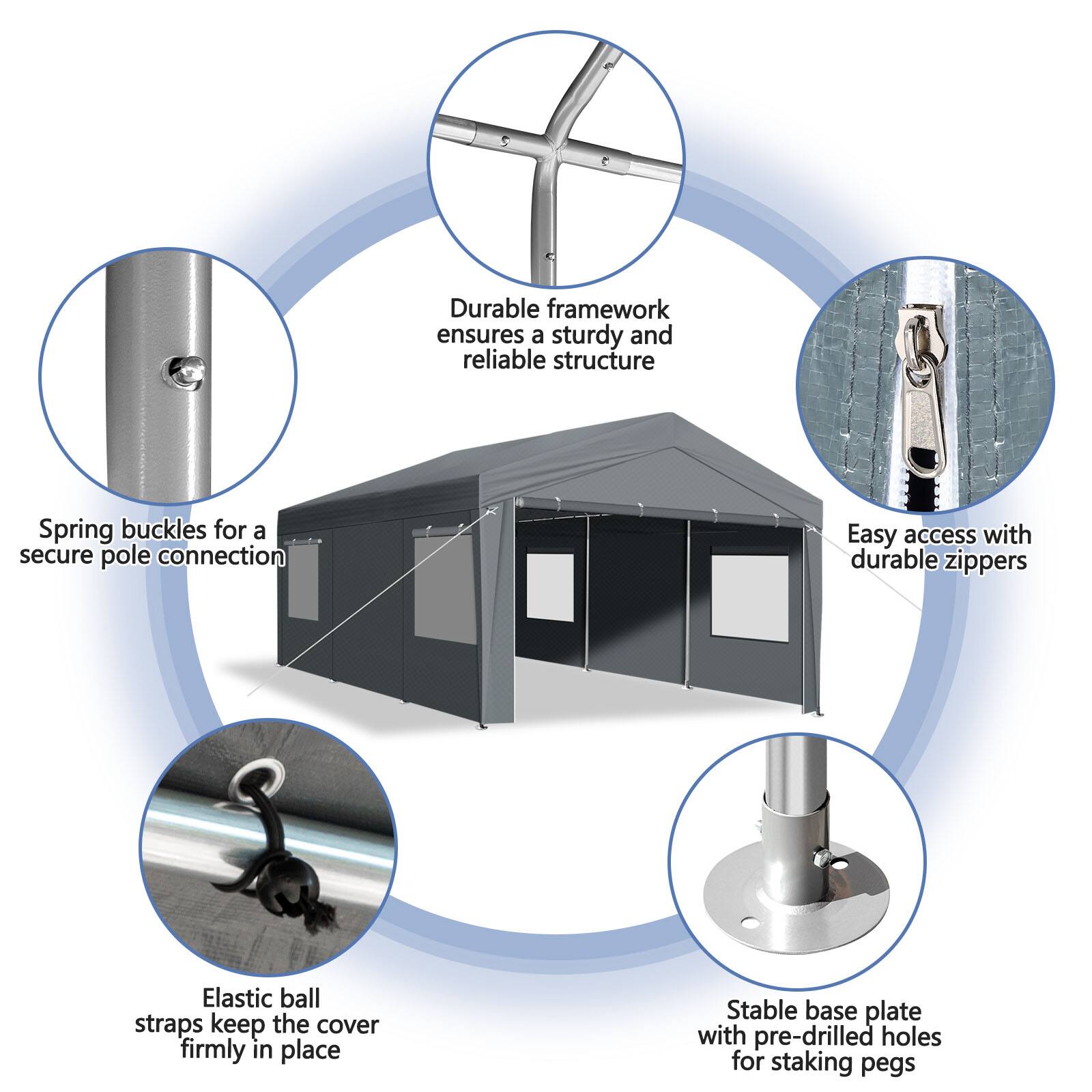 - Durable framework ensures a sturdy and reliable structure
- Spring buckles for a secure pole connection
- Easy access with durable zippers
- Elastic ball straps keep the cover firmly in place
- Stable base plate with pre-drilled holes for staking pegs