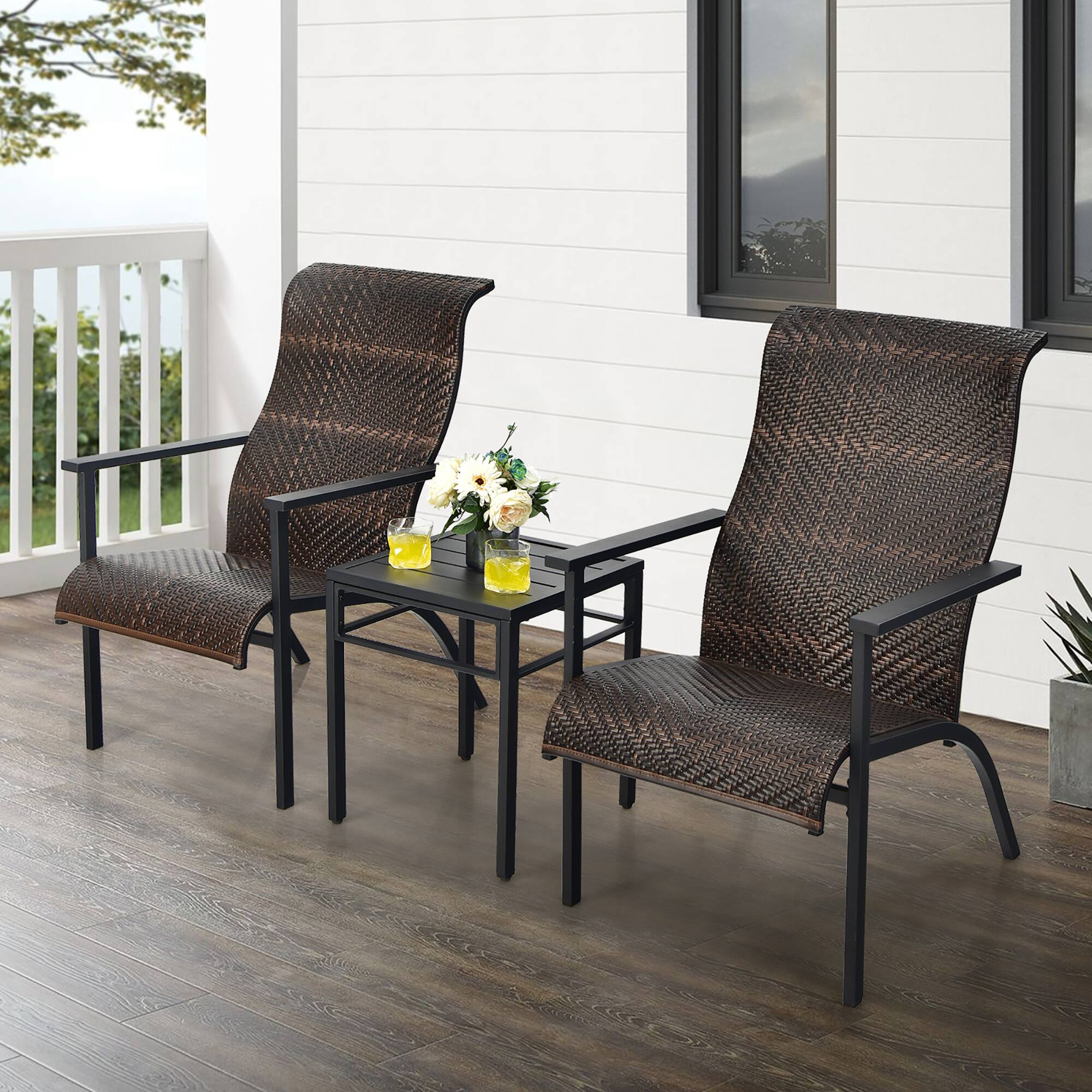 Alt View 2. Costway - Costway 3 PCS Patio Rattan Bistro Set High Backrest Armrest SideTable - Mix Brown.