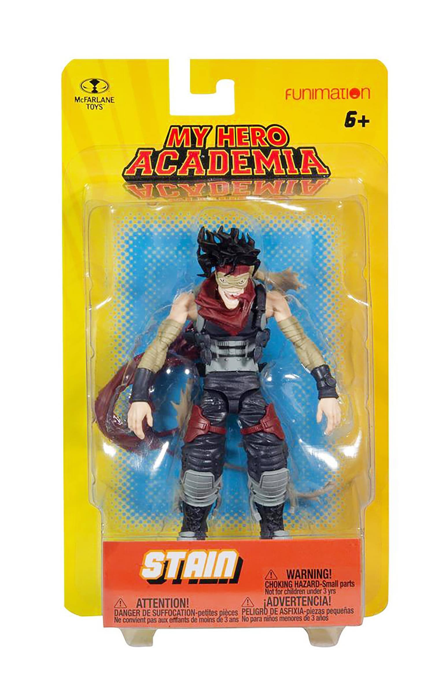 McFarlane Toys  
Funimation  
6+  

My Hero Academia  
Stain  

Warning!  
Choking Hazard - Small parts  
Not for children under 3 years  

Attention!  
Danger de suffocation - petites pièces  
Ne convient pas aux enfants de moins de 3 ans  

Advertencia!  
Peligro de asfixia - piezas pequeñas  
No para niños menores de 3 años