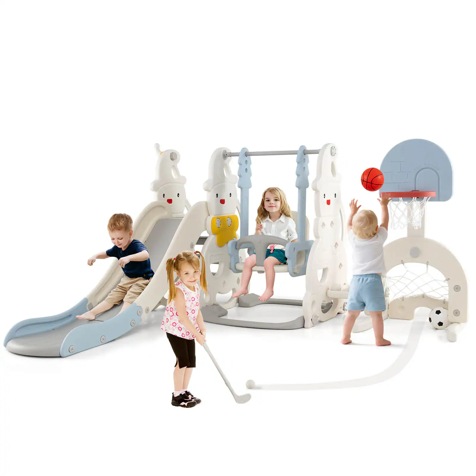 Costway - 7-in-1 Toddler Slide with Height Adjustable Basketball Hoop & Swing Golf Soccer - Multicolor