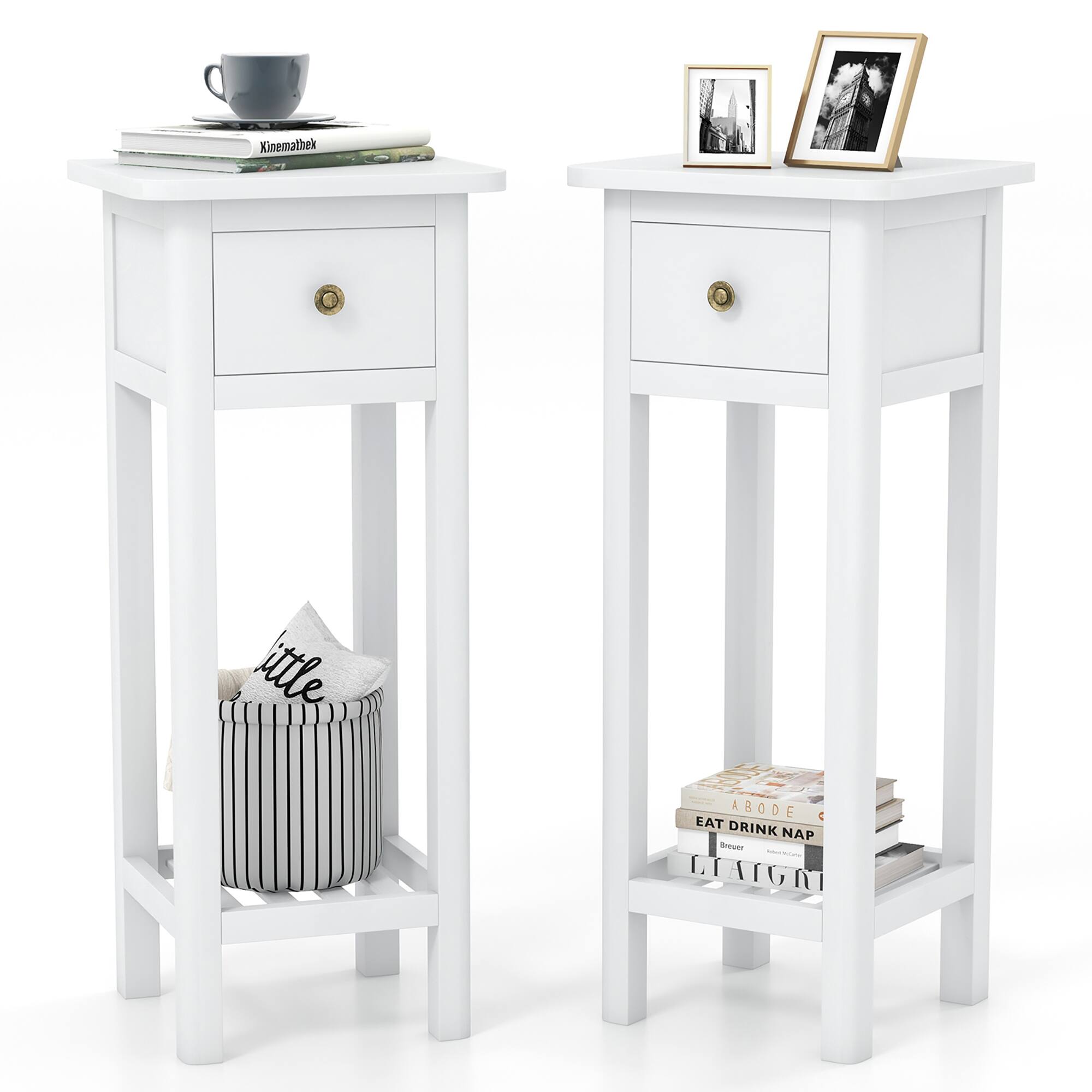 Gymax - Solid Wood Side Table Rectangular 2PCS Sofa Side Table w/ Acacia Wood Top Telephone Table - White