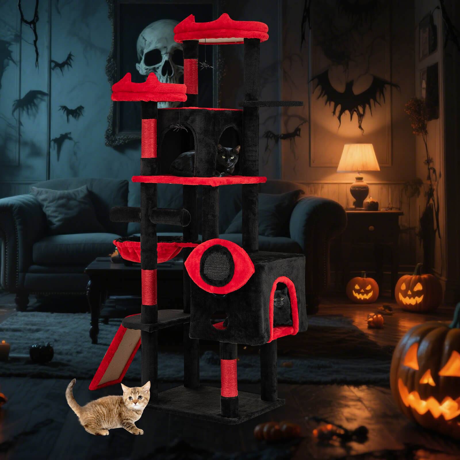 Alt View 3. Costway - Costway Gothic Cat Tree for Indoor Cats with 2 Cat Condos & 2 Plush Perches, Dangling Balls - Red.