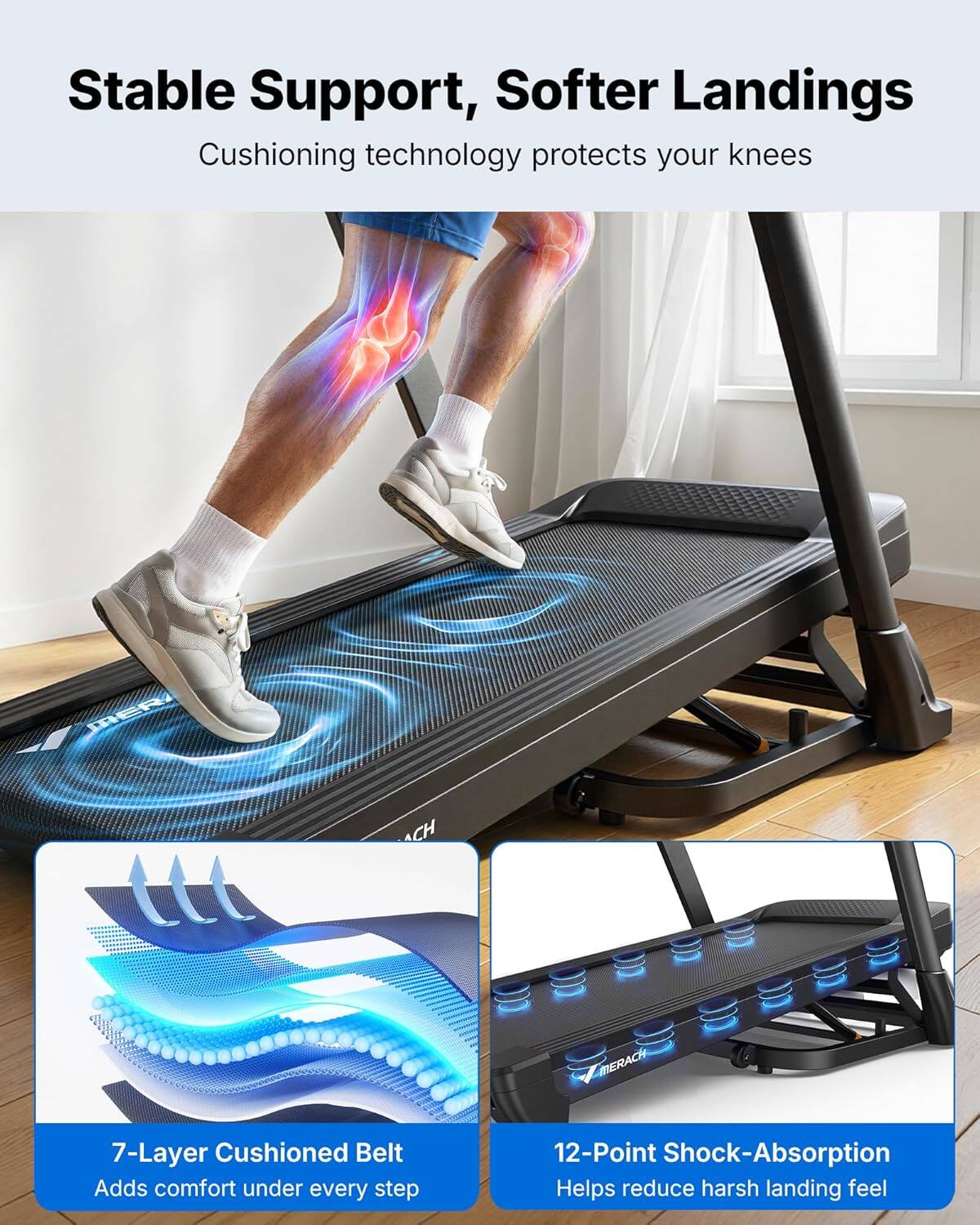Stable Support, Softer Landings  
Cushioning technology protects your knees  

MERACH 7-Layer Cushioned Belt  
Adds comfort under every step  

12-Point Shock-Absorption  
Helps reduce harsh landing feel