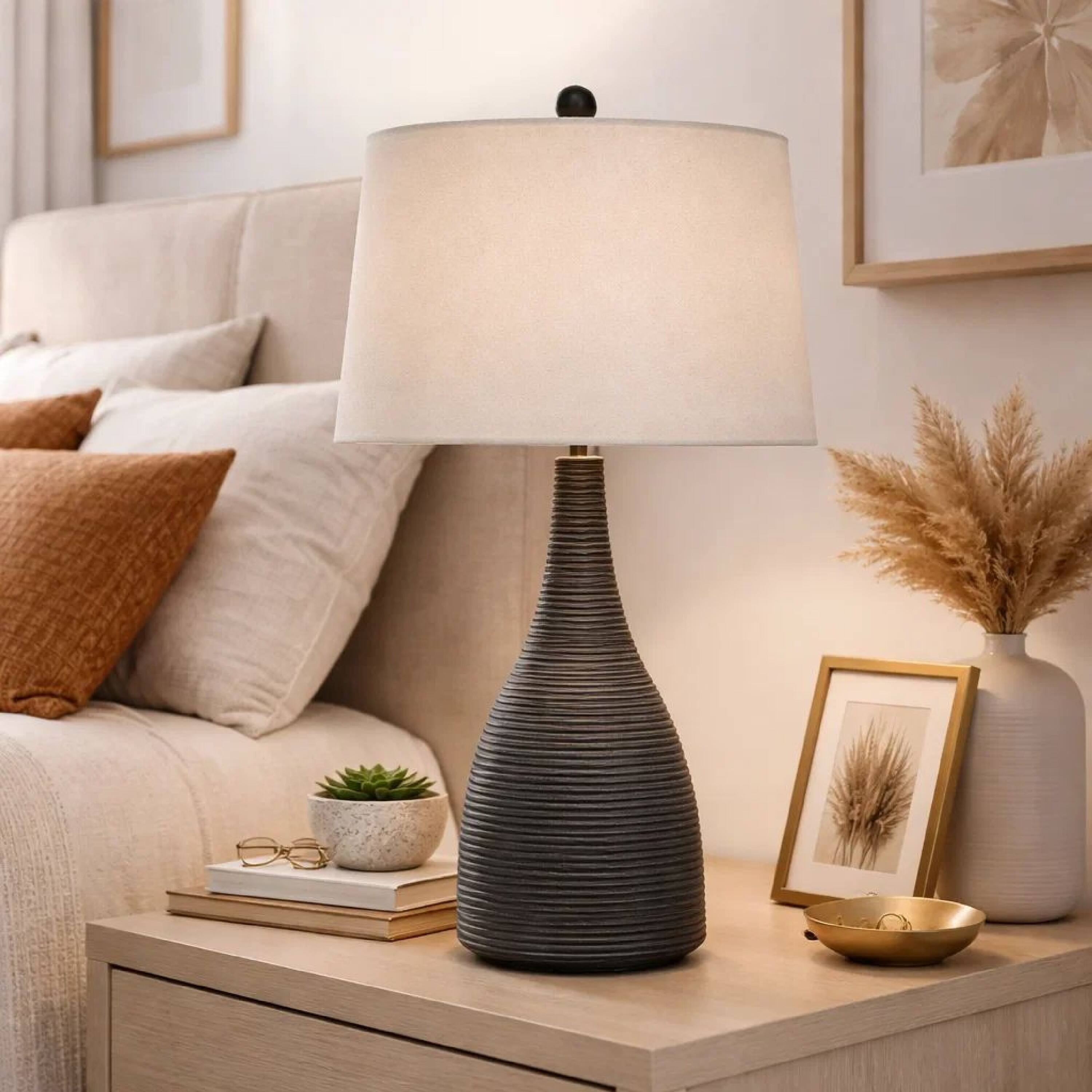 Alt View 2. Manhattan Lane - 29 Inch Classic Table Lamp, Textured Lined Body, Ceramic - Black and Beige.