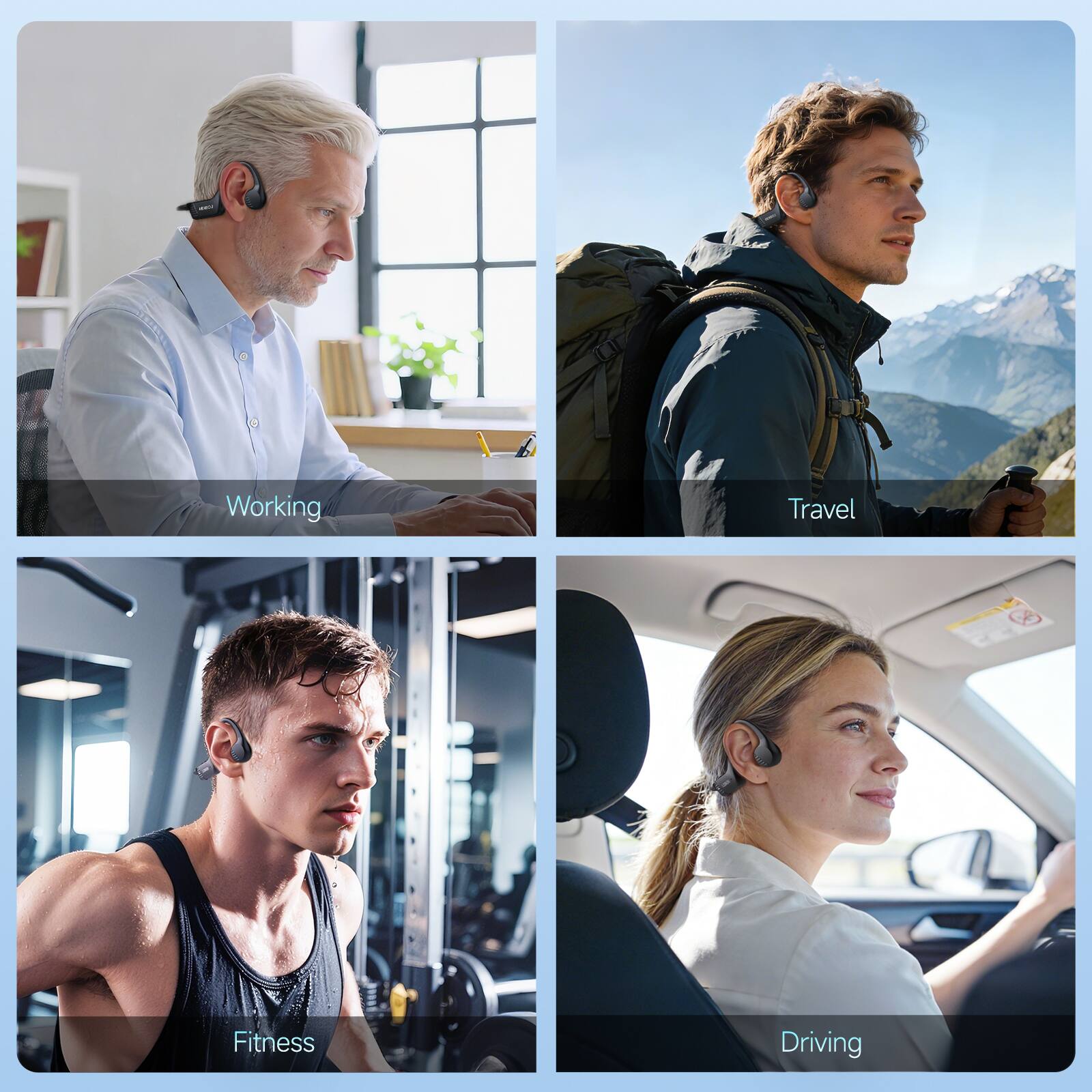 Working  
Travel  
Fitness  
Driving