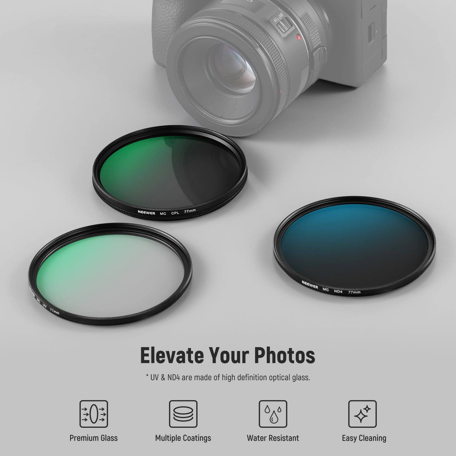 A RELIME M1 NEEWER MC CPL 77mm Elevate Your Photos UV & ND4 are made of high definition optical glass. Premium Glass Multiple Coatings Water Resistant Easy Cleaning