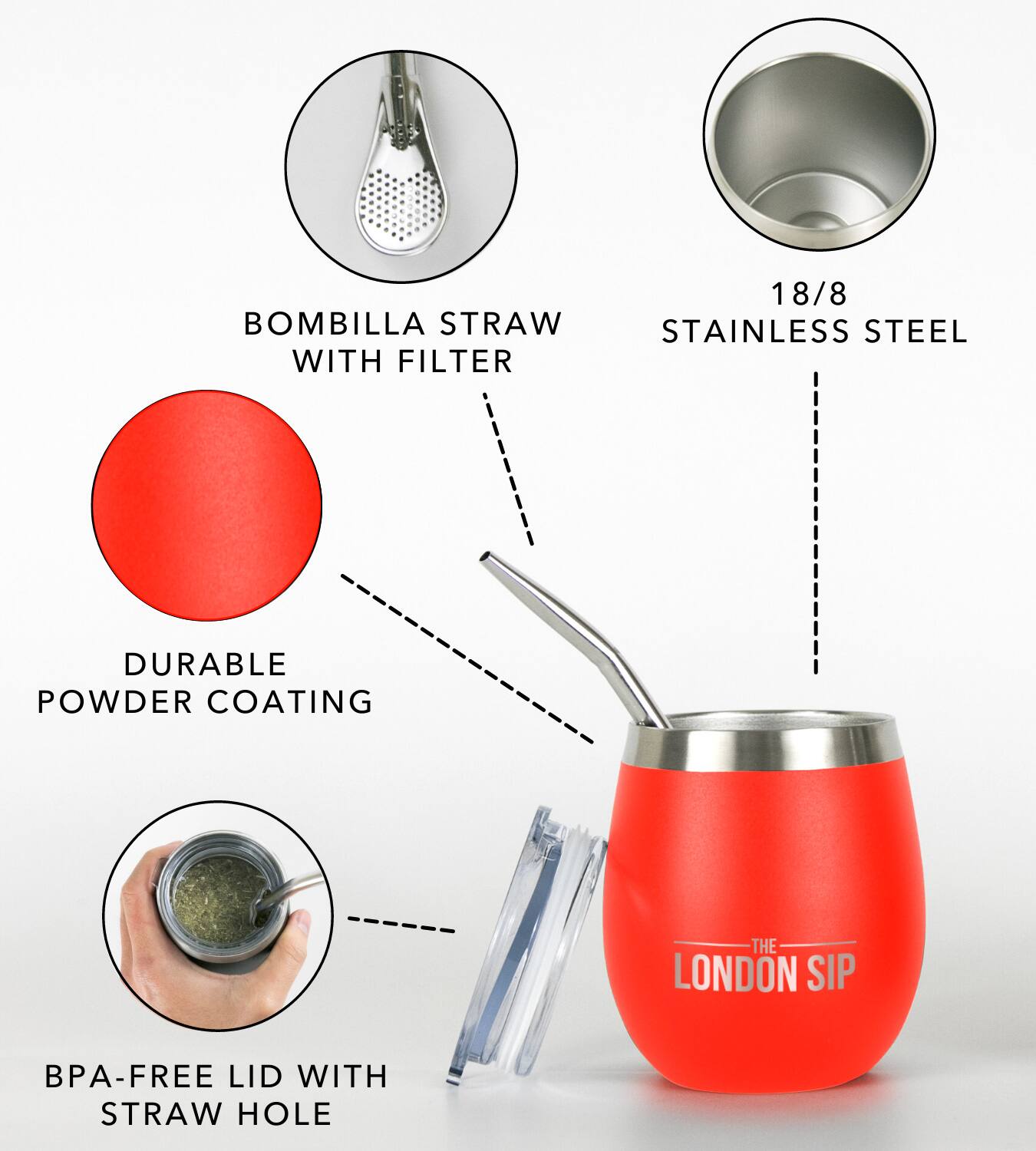 The text on the image is:

- BOMBILLA STRAW WITH FILTER
- 18/8 STAINLESS STEEL
- DURABLE POWDER COATING
- BPA-FREE LID WITH STRAW HOLE
- THE LONDON SIP