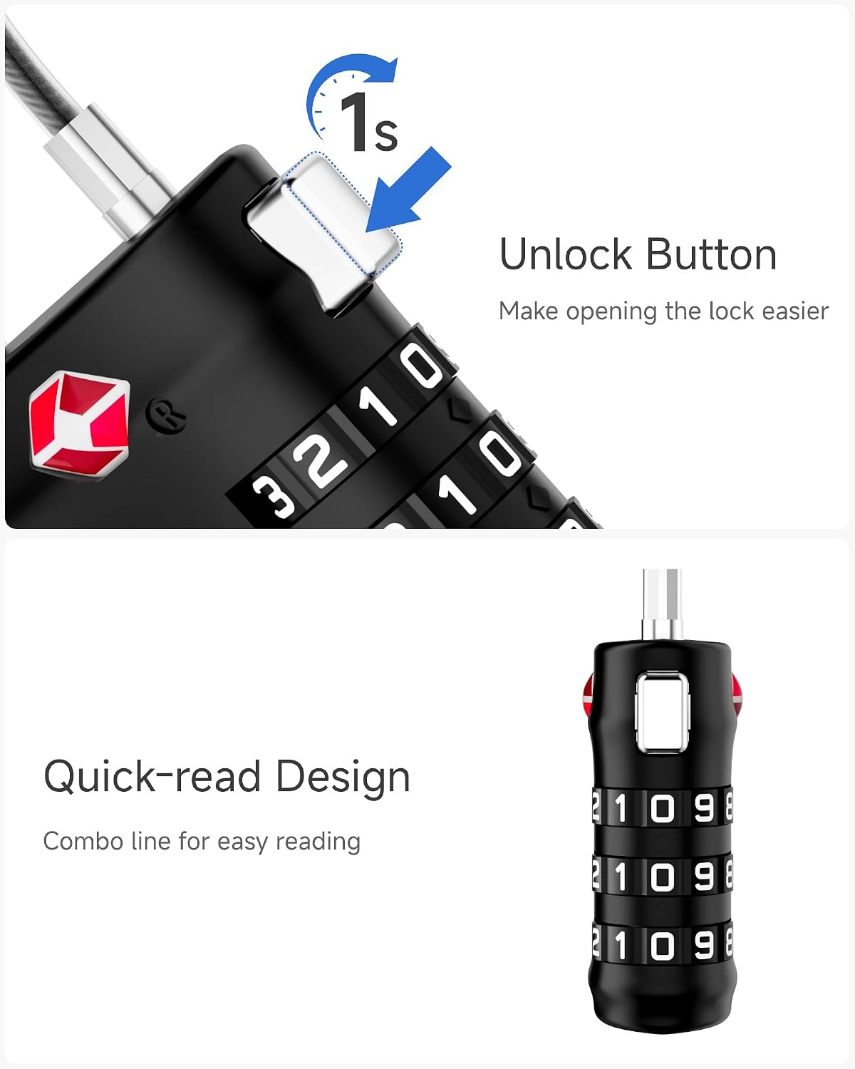 1s Unlock Button R Make opening the lock easier O 1 2 O 3 1 Quick-read Design Combo line for easy reading