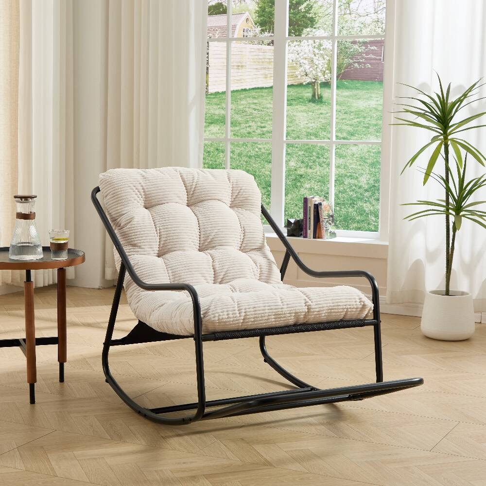 Angle. Loheer - Loheer Outdoor Rocking Chair with Thick Cushion Black Steel Frame Modern Patio Rocker for Living Room Bedroom - Black and White.