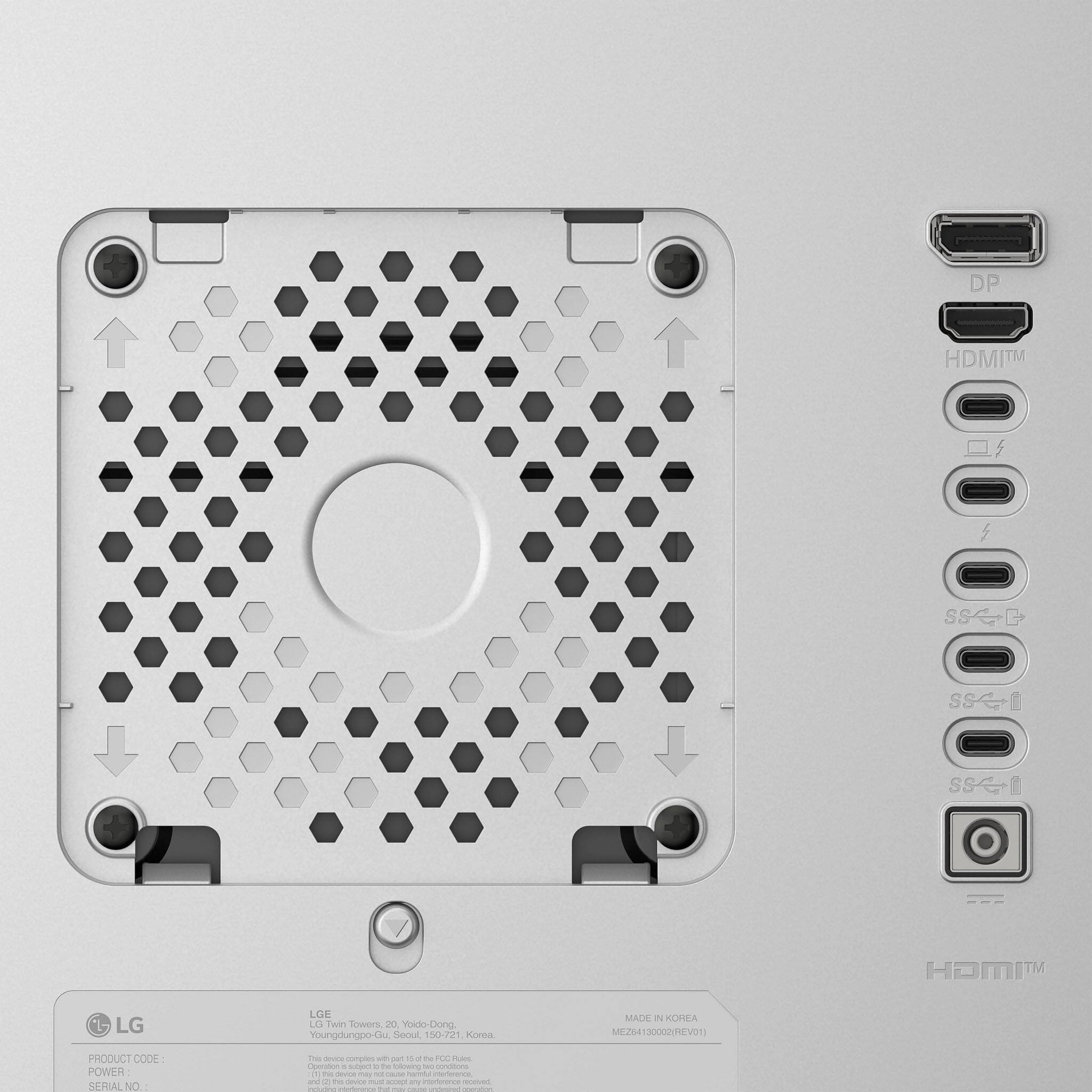 Sure, here is the corrected and grouped text from the image:

---

**LG**

**Twin Towers 20, Yoido-Cong, Youngdungpo-Gu, Seoul 150-721, Korea**

**MADE IN KOREA**

**PRODUCT CODE:** E204130002EV01

**POWER:** 24 A

**SERIAL NO:** [Serial Number]

**MADE IN KOREA**

**ME264130002/REV01**

---

**Ports:**

- DP
- HDMI™
- USB
- USB
- USB
- HDMI™

---

**Note:** This device complies with the FCC rules. This device must be operated in accordance with the following conditions: [Additional conditions and information not fully visible in the image]