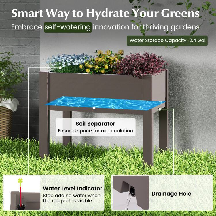 Smart Way to Hydrate Your Greens  
Embrace self-watering innovation for thriving gardens  

Water Storage Capacity: 2.4 Gal  

Soil Separator  
Ensures space for air circulation  

Water Level Indicator  
Stop adding water when the red part is visible  

Drainage Hole