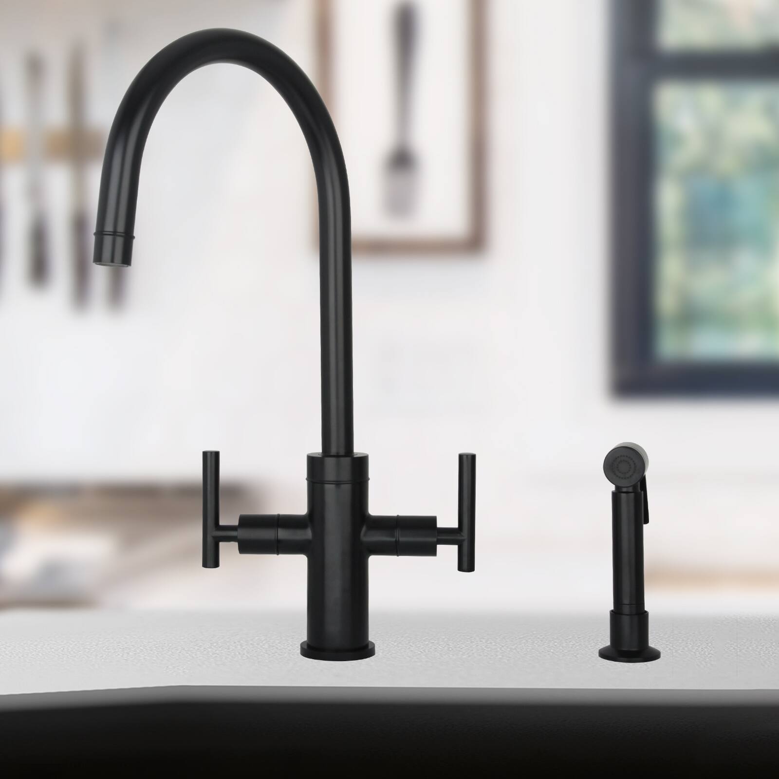 Alt View 7. Akicon - Akicon Two-Handles 360° Swivel Widespread Kitchen Faucet with Side Sprayer in Matte Black - Matte Black.