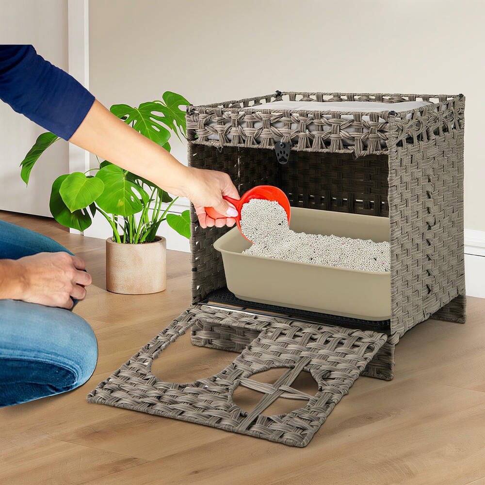 Angle. Pefilos - Foldable 2-Tier Rattan Cat Litter Box Enclosure with Included Mat - Gray.