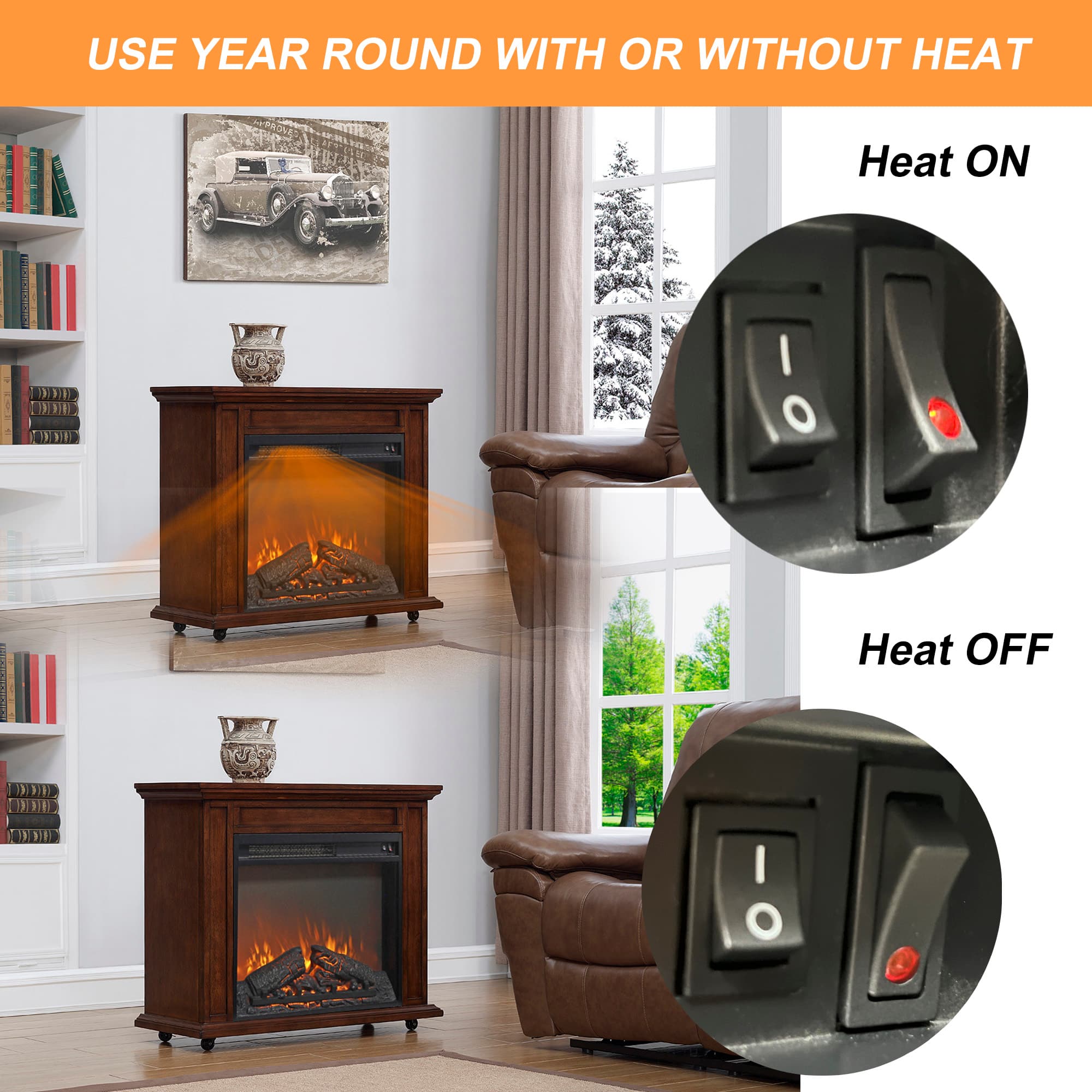 GOODSILO - 23 Inch Electric Fireplace Insert Heater with Log Set & Realistic Flame - Antique Black - Thumbnail 3