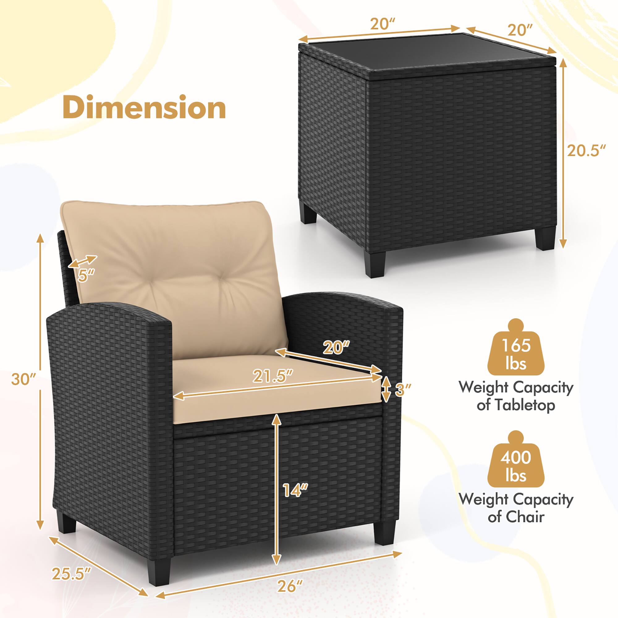 - **Dimension:**
  - Tabletop:
    - Length: 20"
    - Width: 20"
    - Height: 20.5"
  - Chair:
    - Length: 30"
    - Width: 21.5"
    - Height: 25.5"
    - Seat Height: 14"
    - Armrest Height: 5"
    - Back Height: 26"
    - Seat Depth: 20"
    - Armrest Width: 3"

- **Weight Capacity:**
  - Tabletop: 165 lbs
  - Chair: 400 lbs