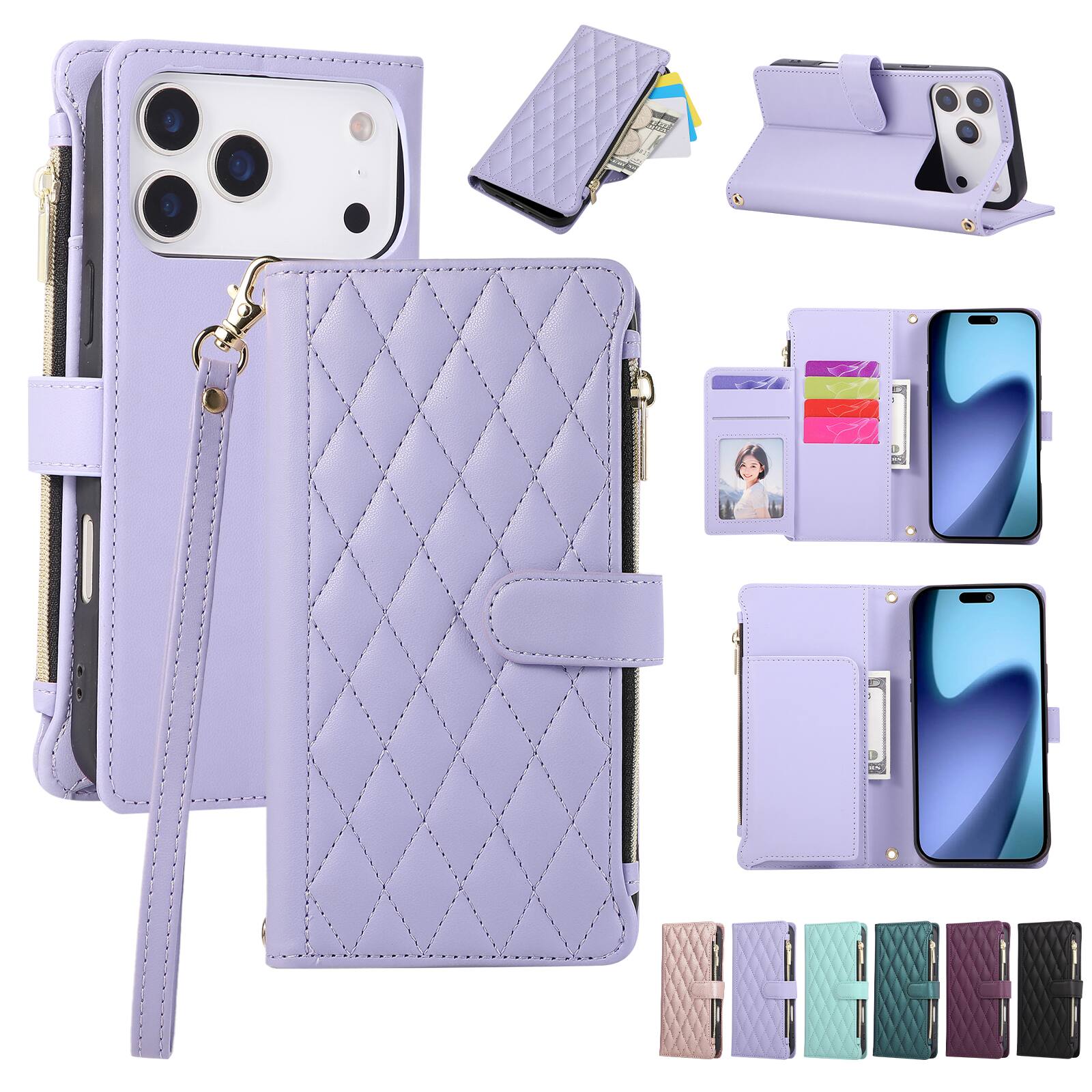 Front. Dteck - Wallet Phone Case for iPhone 18 Pro Max, PU Leather Flip Folio Card Cash Slots Zipper Pocket Cover+Crossbody/Wrist Strap - Lightpurple.