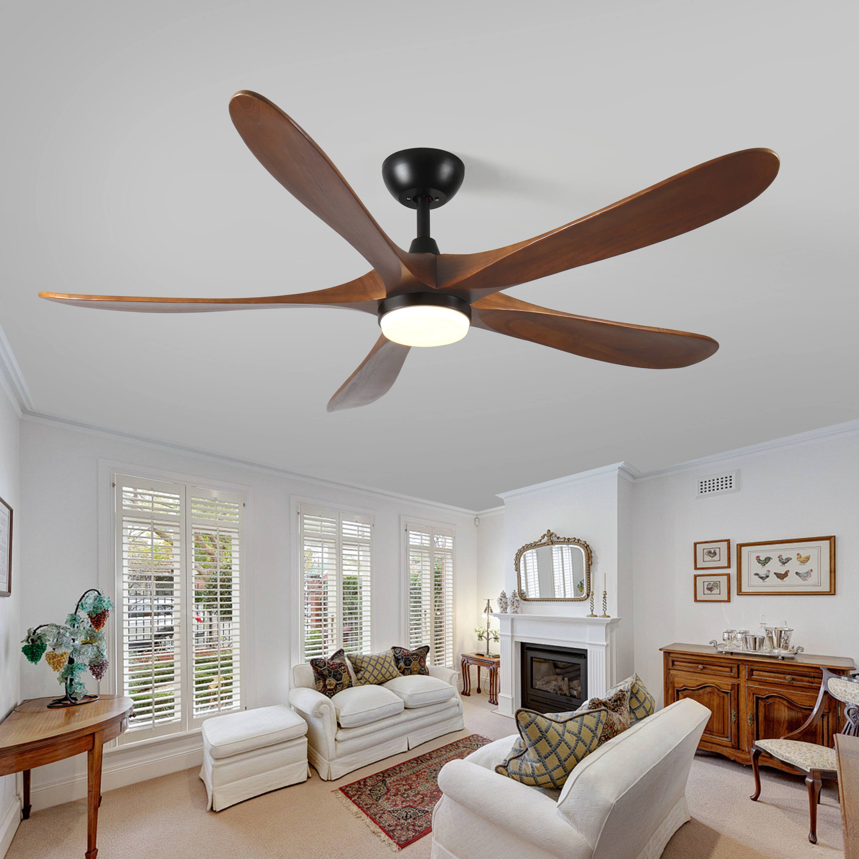 APRILSOUL - 62 Inch Reversible Wood Ceiling Fan Remote LED 6 Speed Walnut - Antique brown