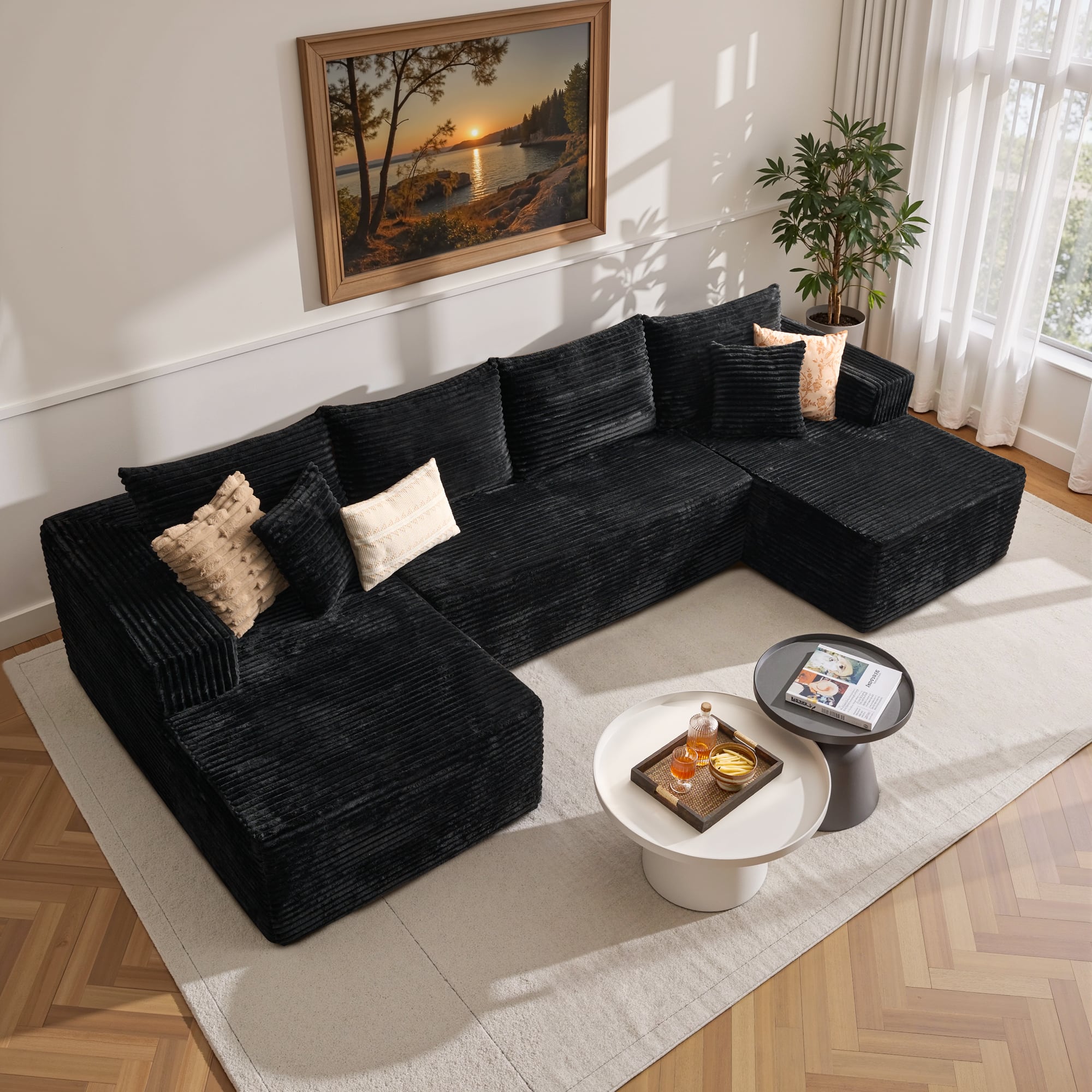 Ovios - 135" Sectional Sofa Set, Plush Corduroy Fabric Couch for Living Room - Black