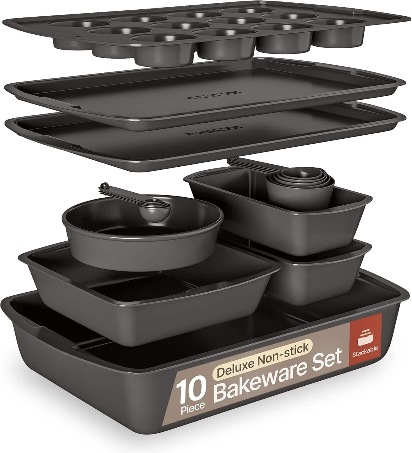 Bakken- Swiss - 10-Piece Nonstick Carbon Steel Bakeware Set, Oven Safe to 450°F, Stackable, Dishwasher & Toxin Free - Gray