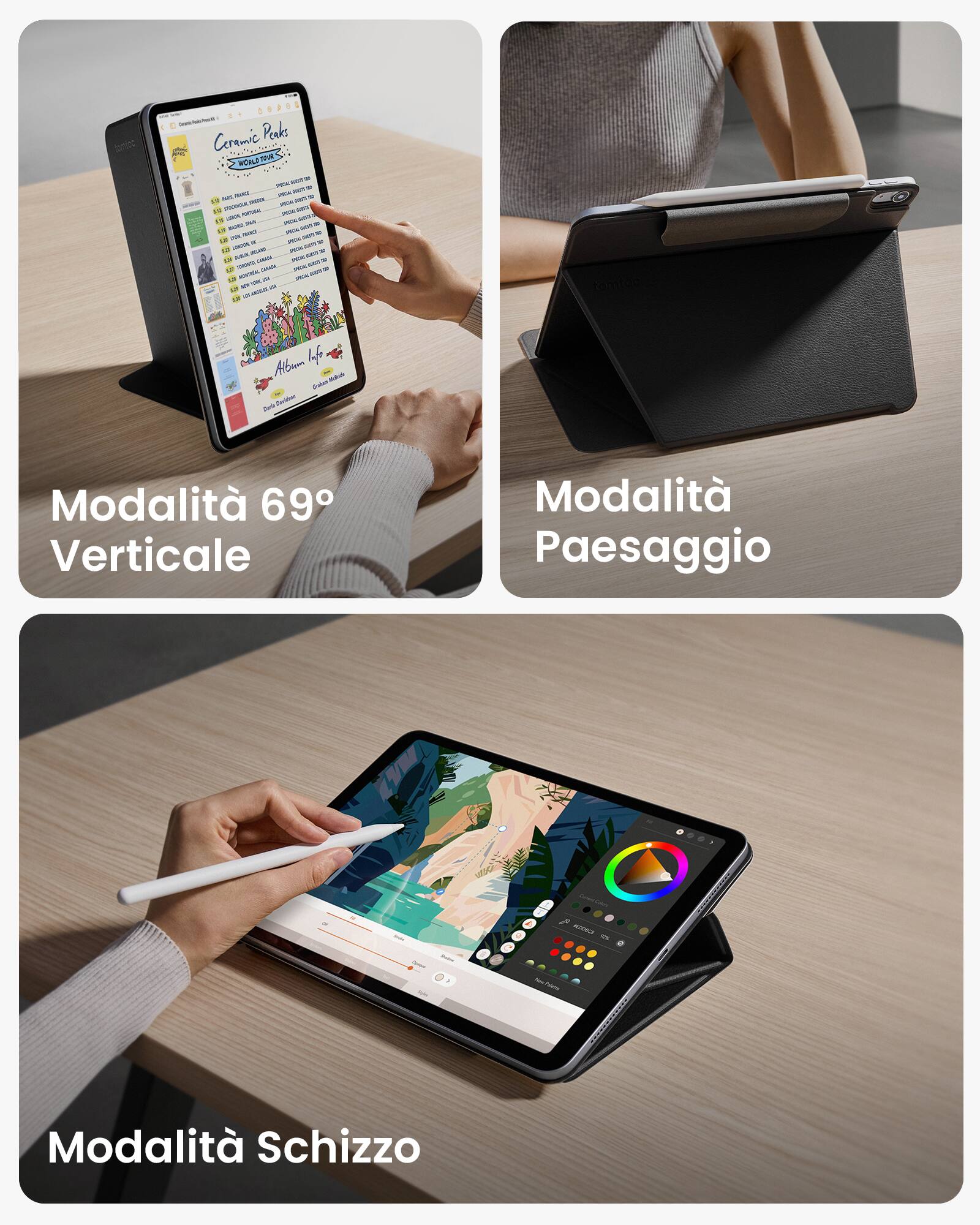 The image shows a person using a tablet computer with a stylus, and there are three different descriptions of the tablet's features. The text on the image reads:

1. Modalit Verticale - This feature allows the user to view the tablet vertically, which can be useful for reading or viewing content in a portrait orientation.
2. Modalit Paesaggio - This feature enables the user to view the tablet horizontally, which is ideal for browsing the internet, watching videos, or using apps that require a wider viewing area.
3. Modalit Schizzo - This feature allows the user to switch between different modes, such as the vertical and horizontal modes, depending on the specific task or application they are using.

These descriptions provide information about the tablet's capabilities and how it can be used in various situations.