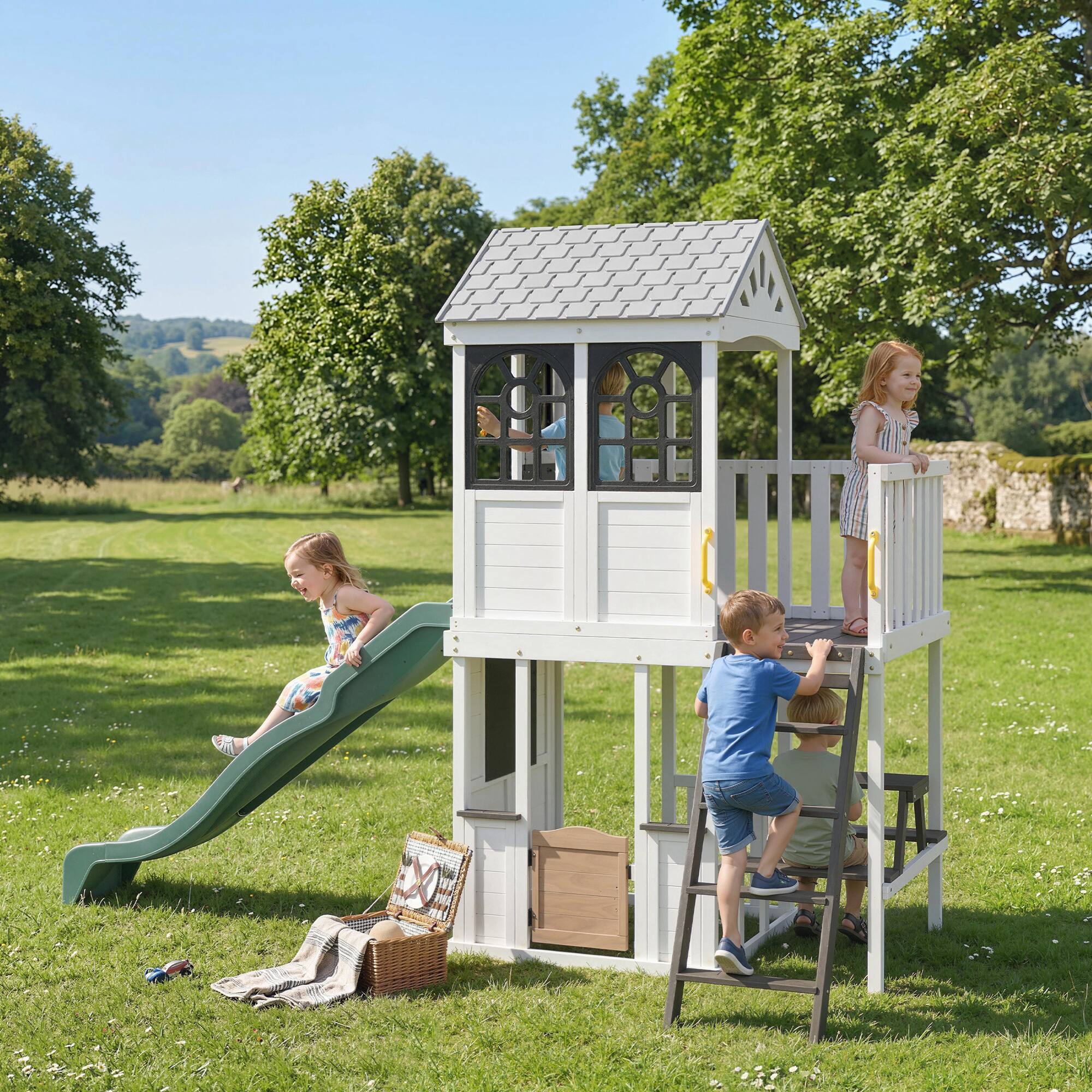 Alt View 7. Qaba - Outdoor Playhouse, Wooden Kids Playhouse with Slide, Table & Bench, Play Kitchen, Ladder - White.
