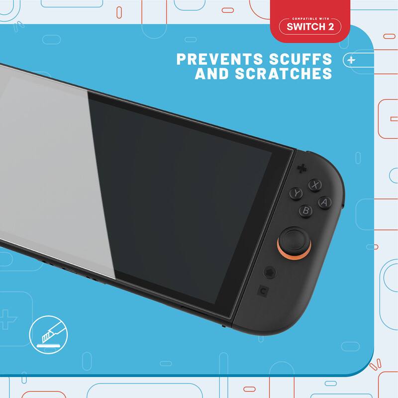 The corrected text is: "Compatible with Switch 2, prevents scuffs and scratches."