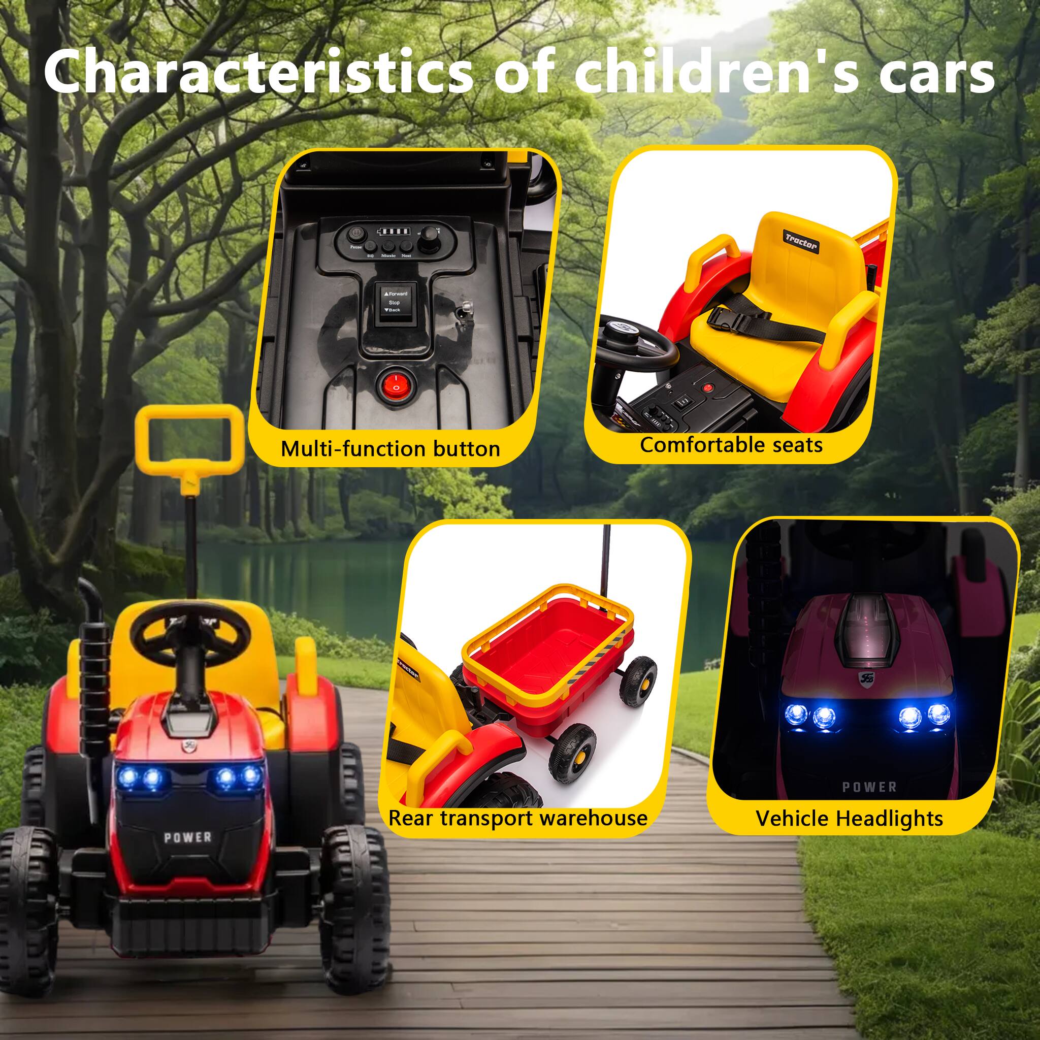 Characteristics of children's cars

- Multi-function button
- Comfortable seats
- Rear transport warehouse
- Vehicle Headlights