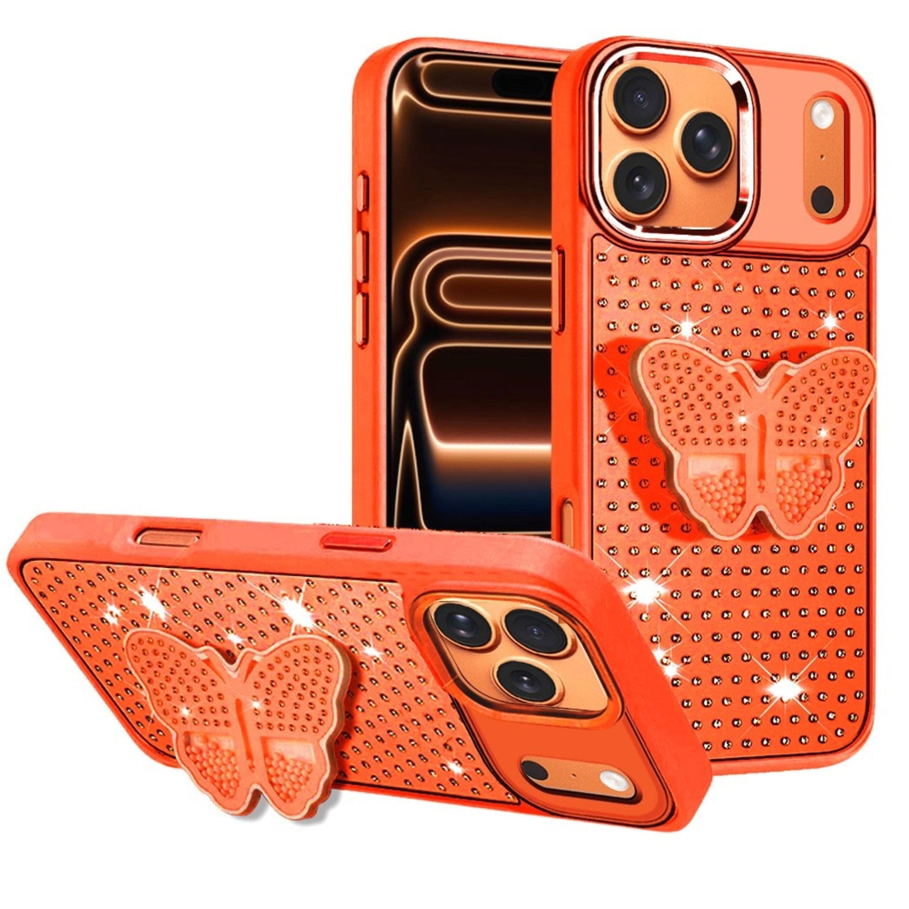 Kitcheniva - Glamorous Faux Crystal Butterfly Case With Tempered Glass For iPhone 17 Pro Max - Cosmic Orange price history on PriceWatchPro