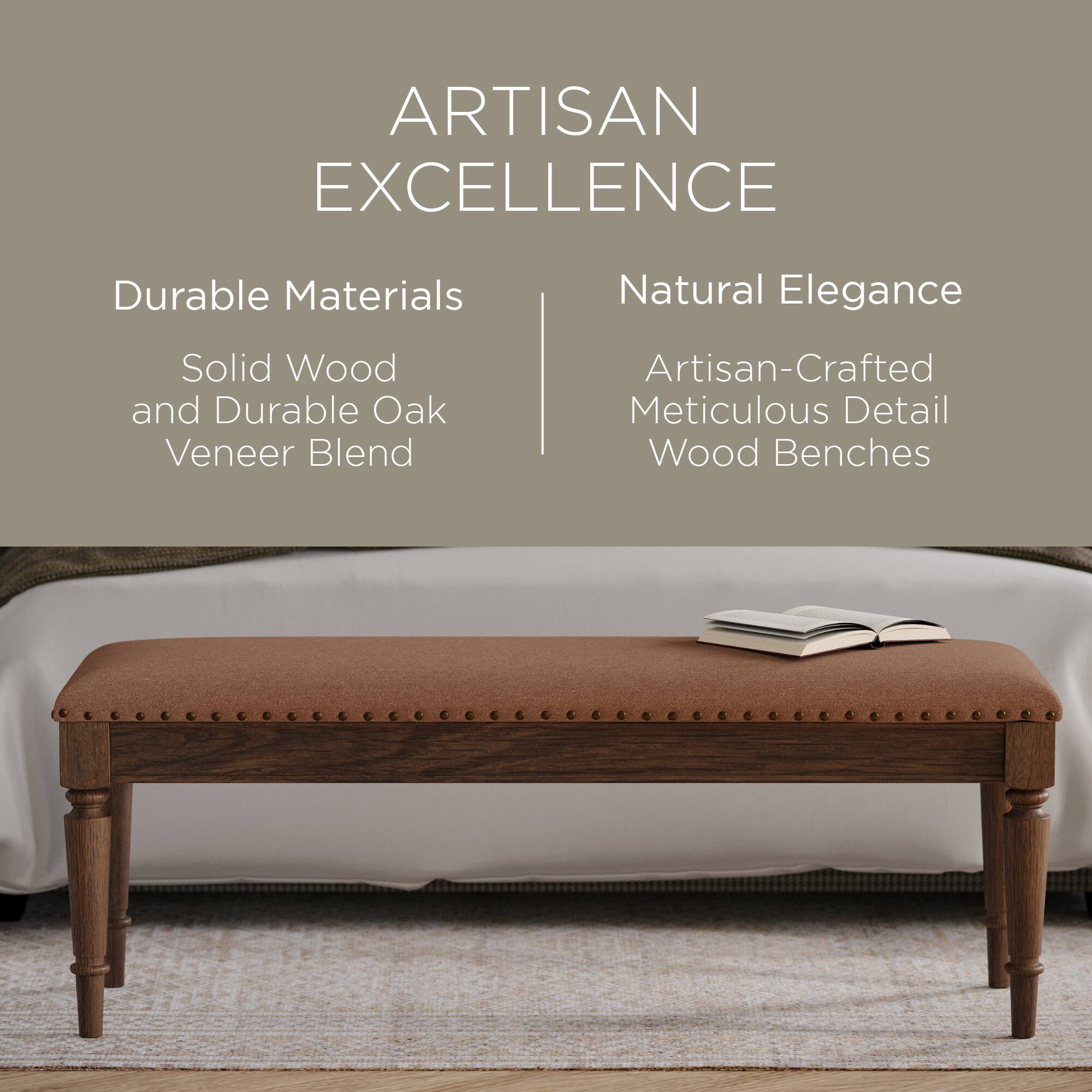 ARTISAN EXCELLENCE

Durable Materials  
Solid Wood and Durable Oak Veneer Blend

Natural Elegance  
Artisan-Crafted Meticulous Detail Wood Benches