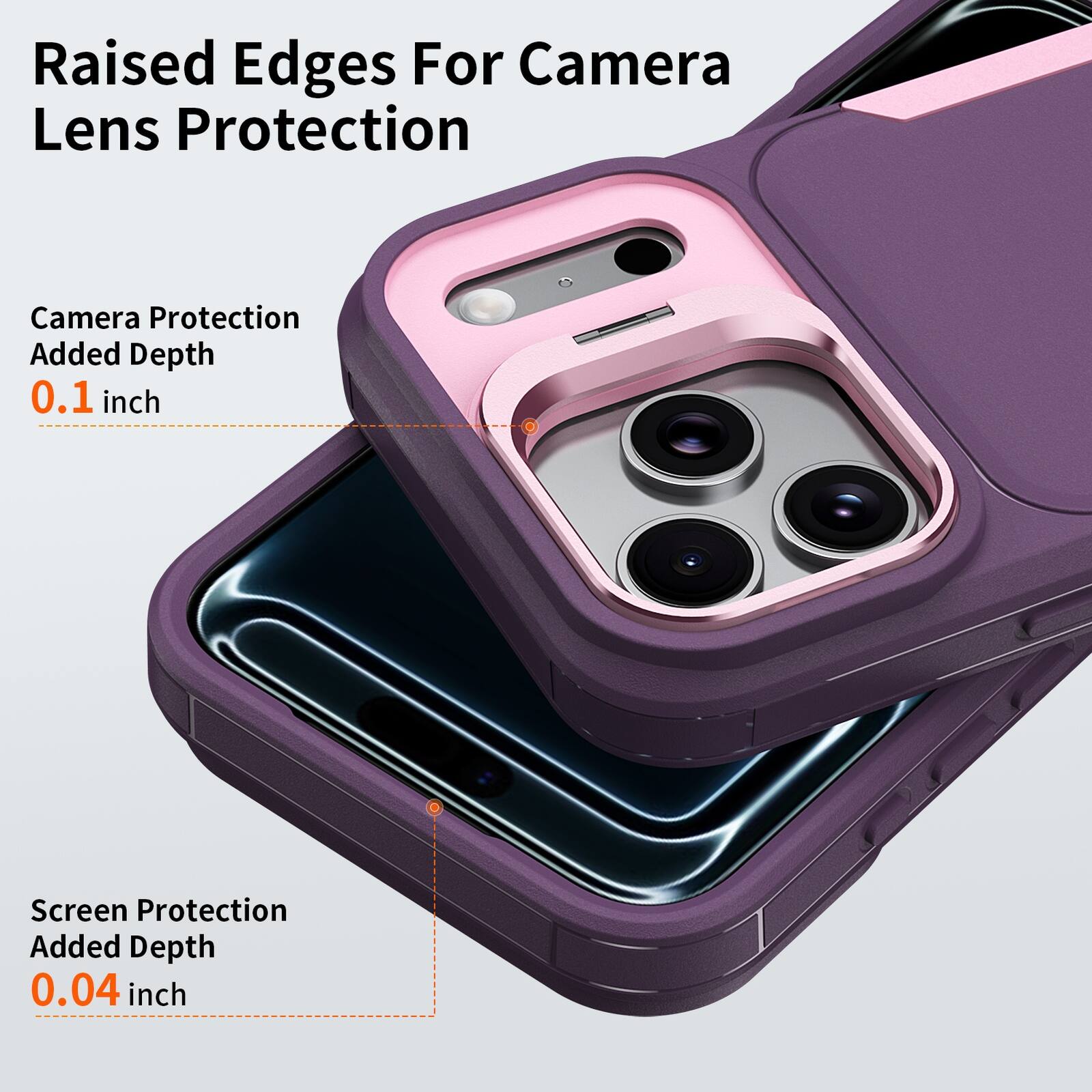 Raised Edges For Camera Lens Protection

Camera Protection Added Depth 0.1 inch

Screen Protection Added Depth 0.04 inch