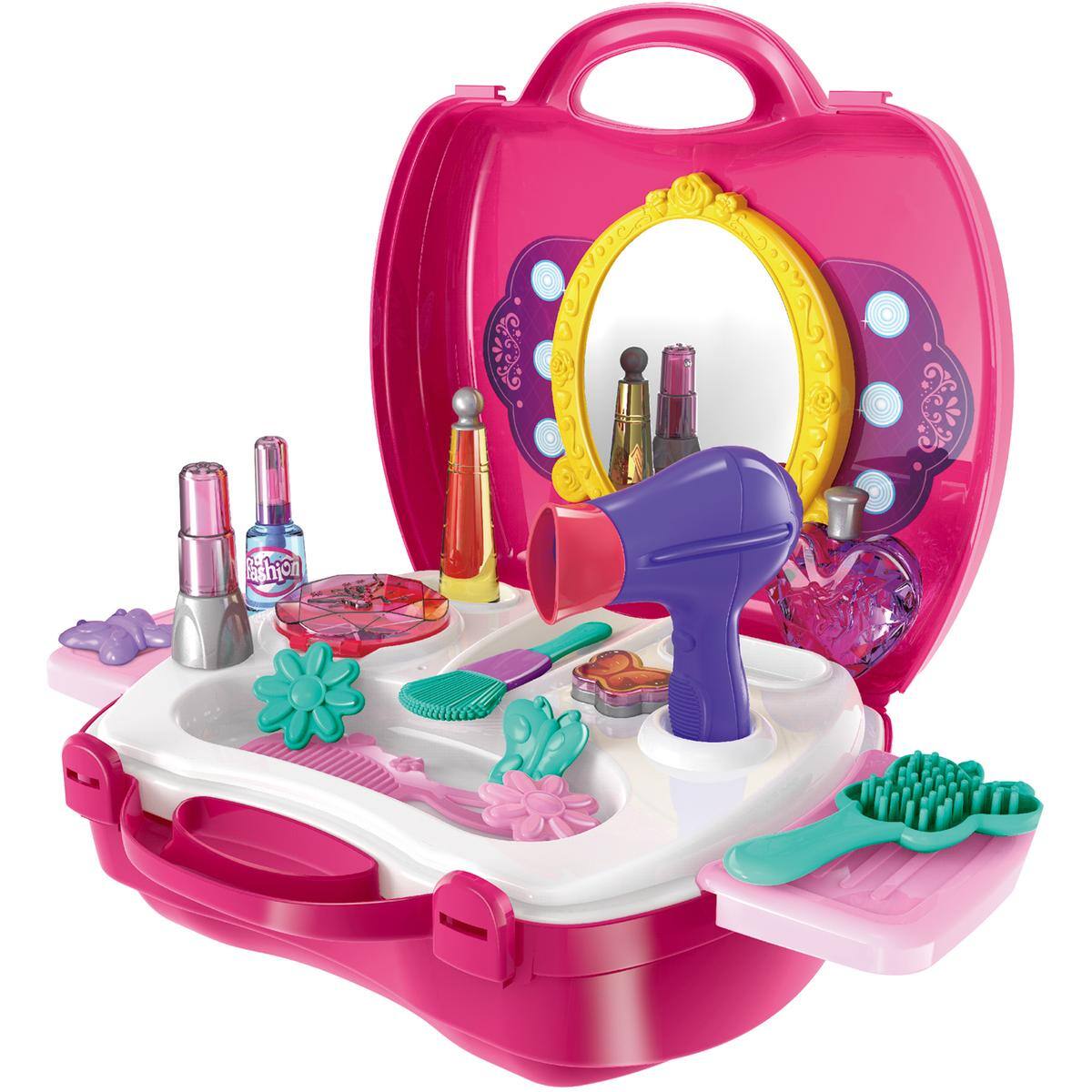 Front. JuzToys - 20pcs Kids Pretend Makeup Playset – Beauty Hair Salon Toy Set Including Makeup Box, Cosmetic, Hair Dryer, Comb – Pink - Pink.