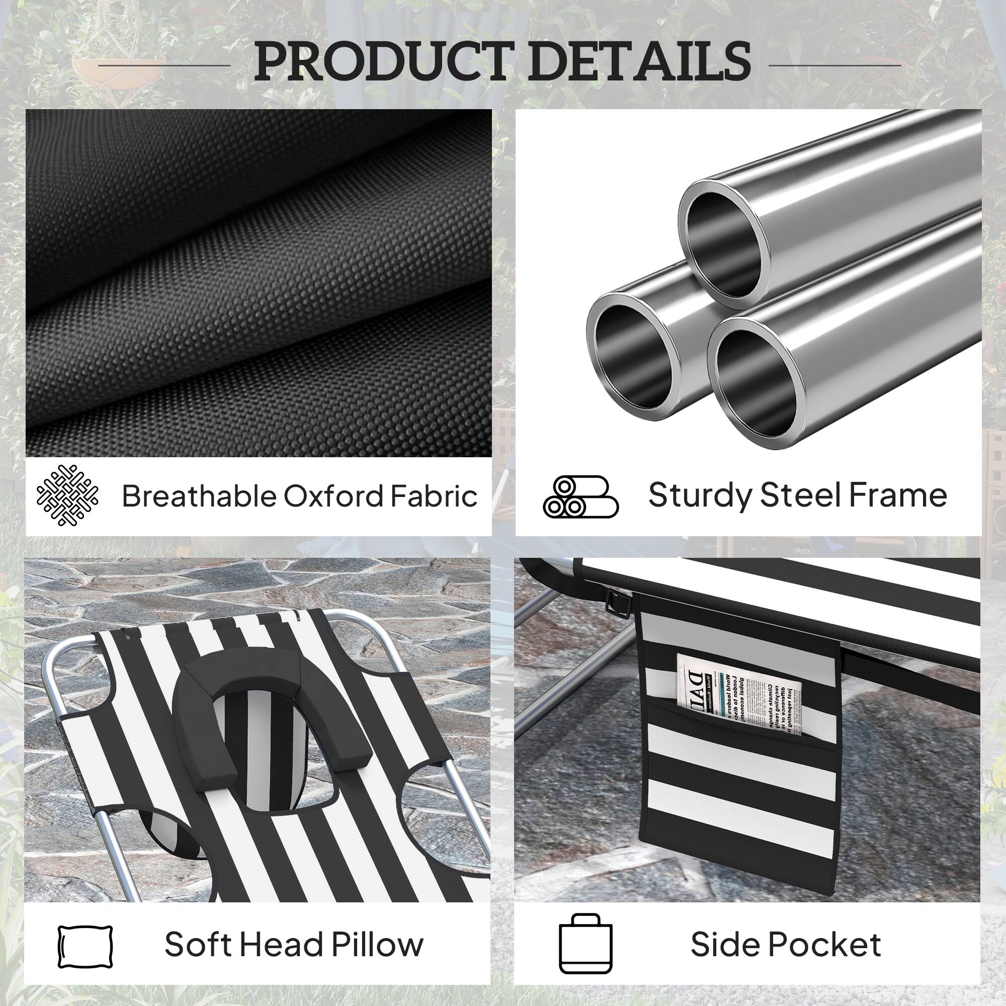 PRODUCT DETAILS

- Breathable Oxford Fabric
- Sturdy Steel Frame
- Soft Head Pillow
- Side Pocket