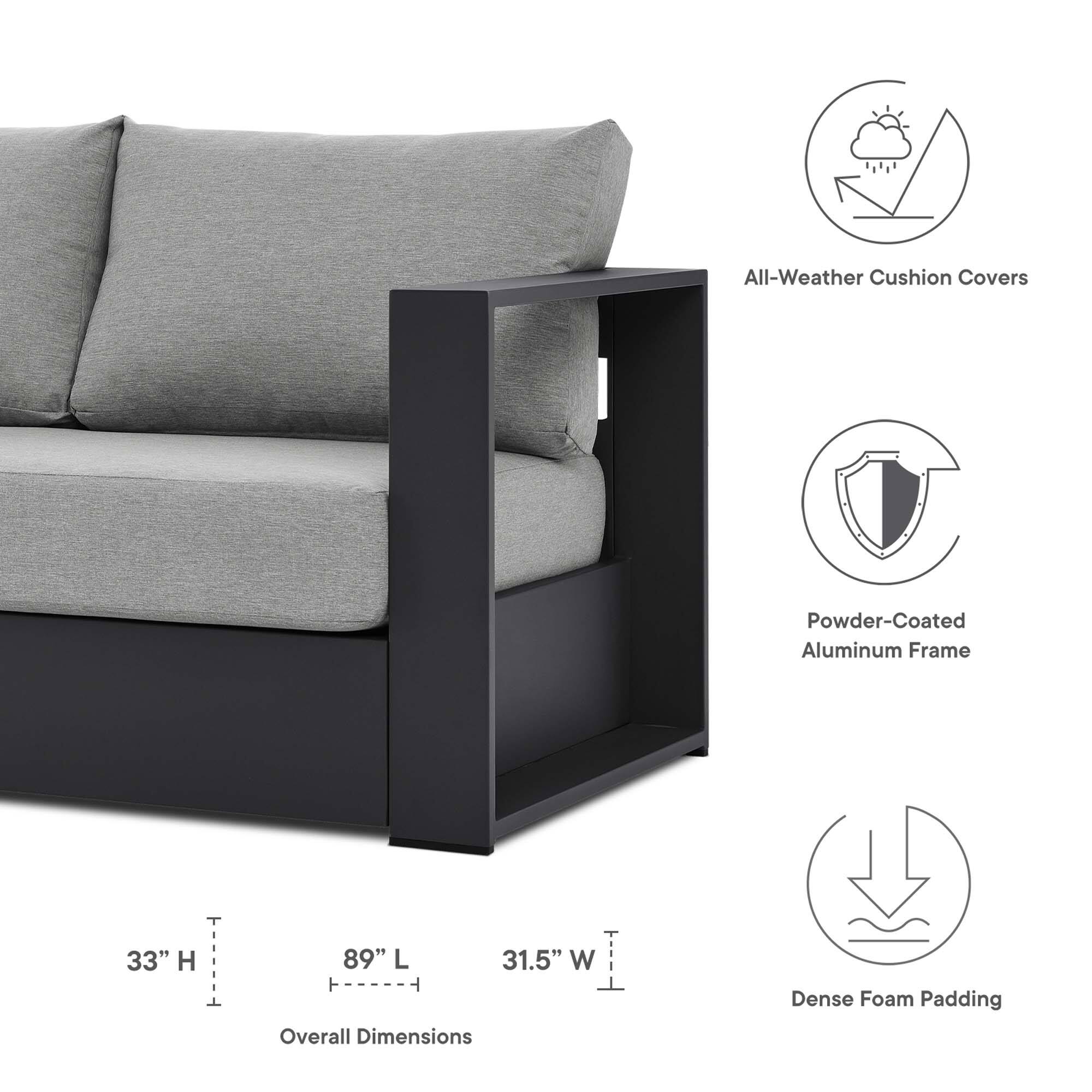 All-Weather Cushion Covers  
Powder-Coated Aluminum Frame  
33" H x 89" L x 31.5" W  
Overall Dimensions  
Dense Foam Padding