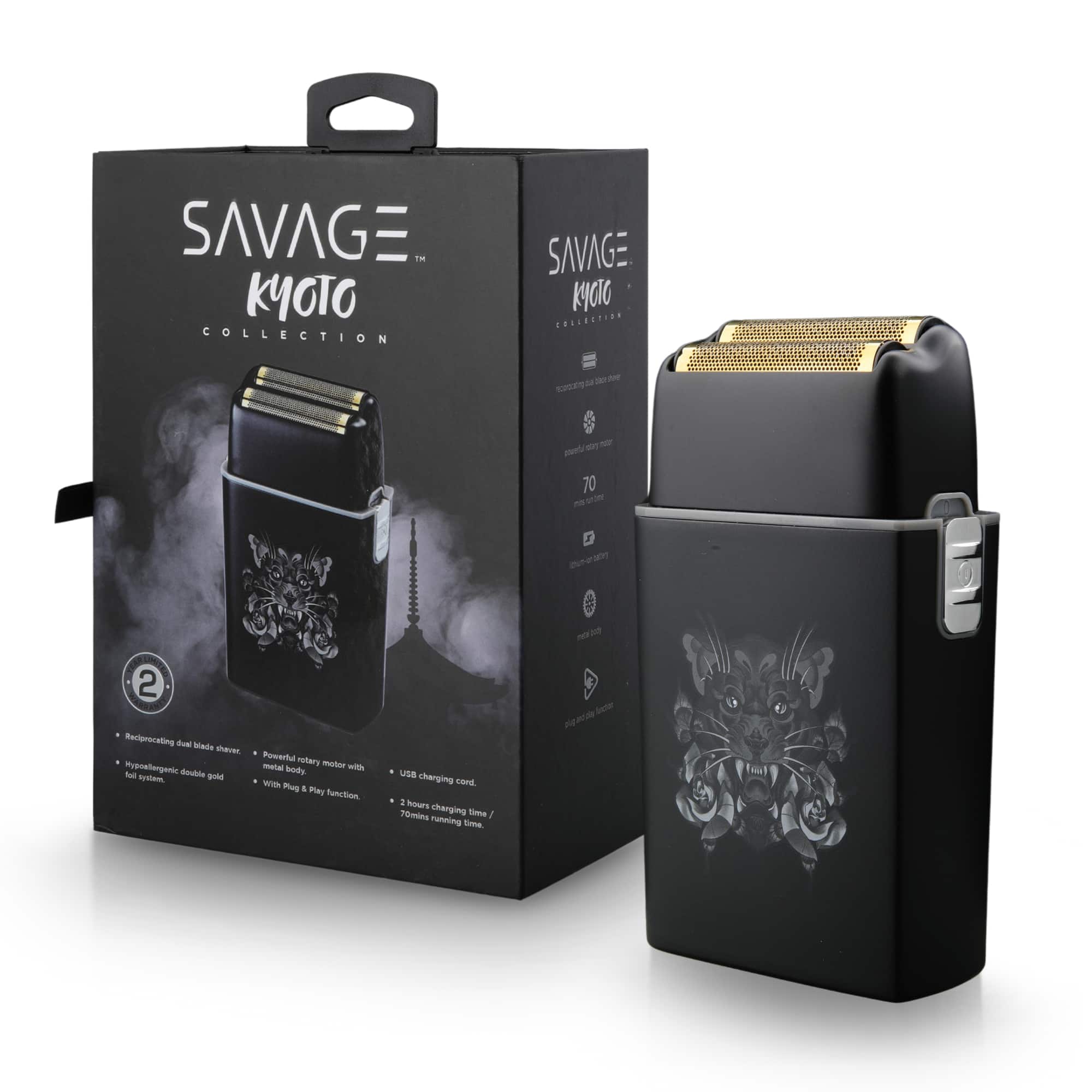 Savage - Professional Hypoallergenic Reciprocating Dual Blade Double Gold Foil Shaver, 3.7V Rechargeable 90 Minute Runtime - Black