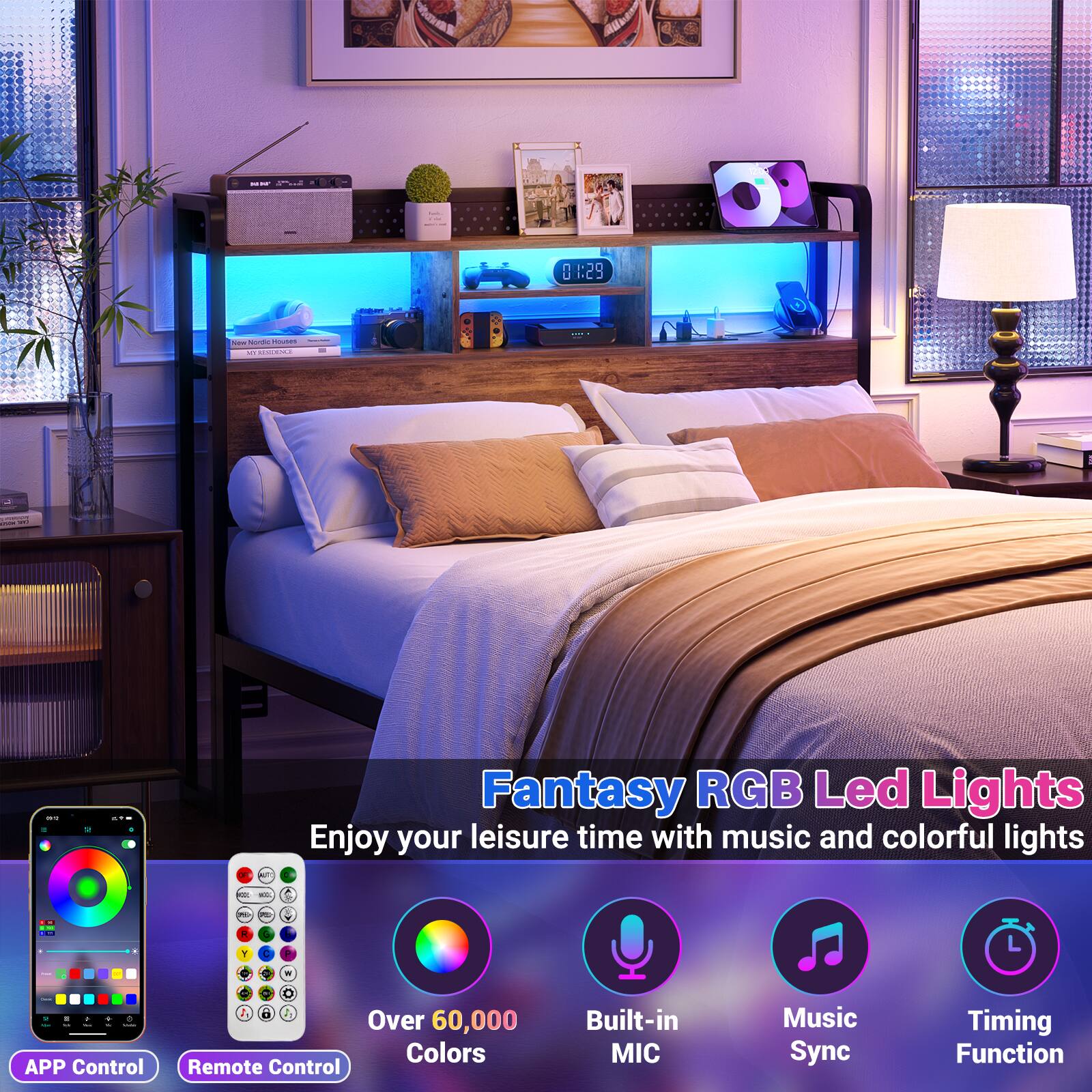 Fantasy RGB Led Lights  
Enjoy your leisure time with music and colorful lights  

- APP Control  
- Remote Control  
- Over 60,000 Colors  
- Built-in MIC  
- Music Sync  
- Timing Function