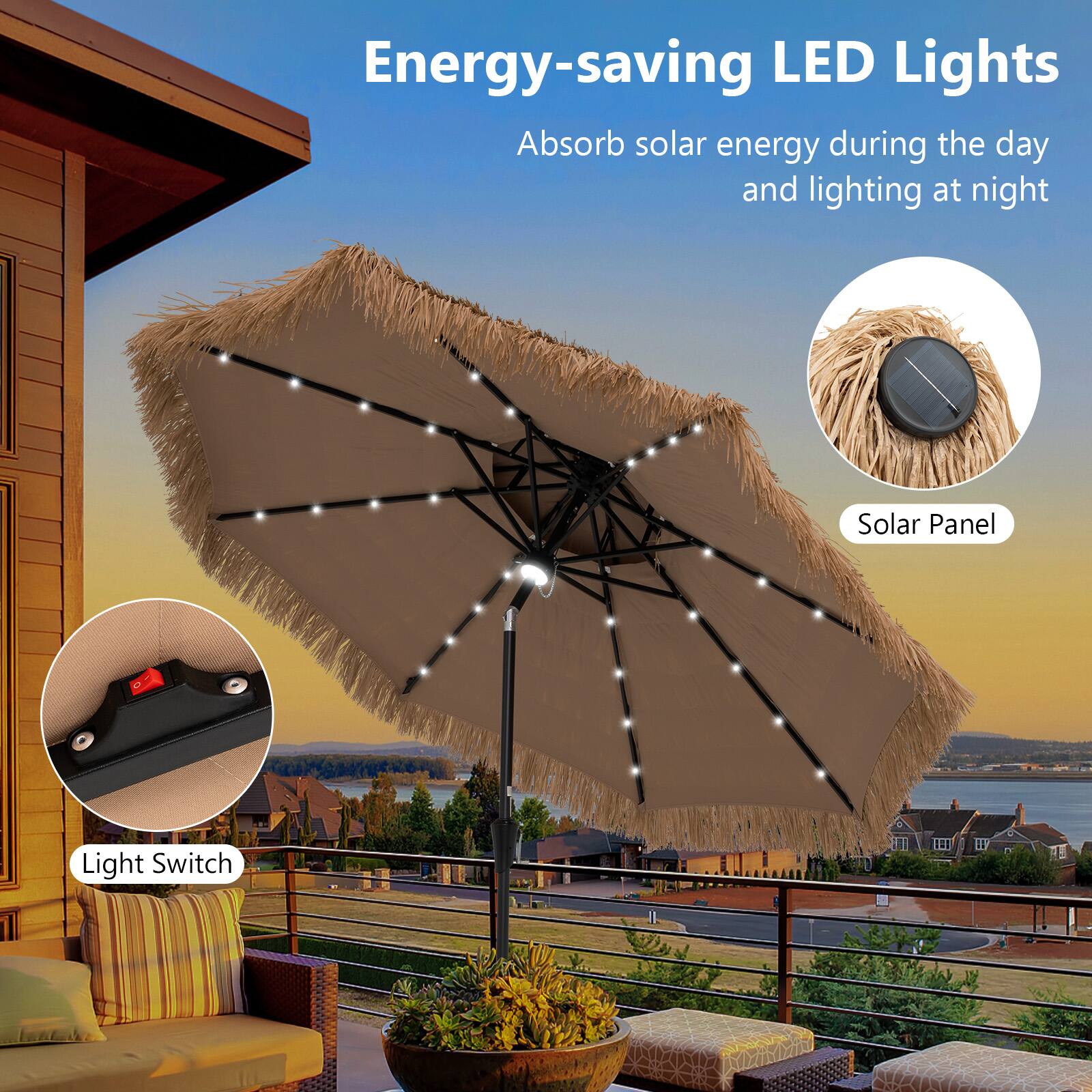 Energy-saving LED Lights  
Absorb solar energy during the day and lighting at night  

Solar Panel  
Light Switch
