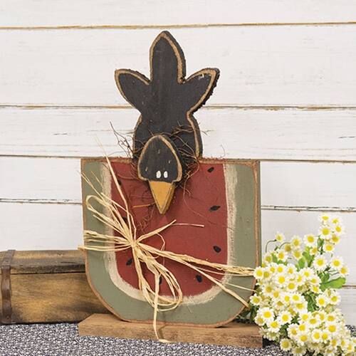 Angle. BreeBe - Rustic Wood Watermelon w/Crow on Base - Multicolor.
