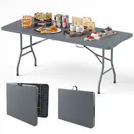 Gymax - 6 ft Portable Folding Table w/HDPE Tabletop Safe Lock Mechanism Carrying Handle - Gray