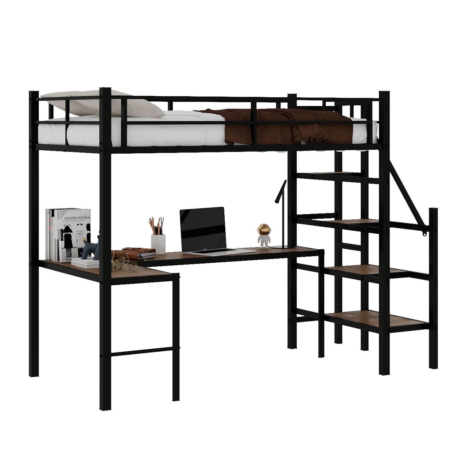 Left. Loheer - Loheer Twin Loft Bed with L Shaped Desk and Storage Stairs Sturdy Space Saving Frame No Box Spring Needed - Black.