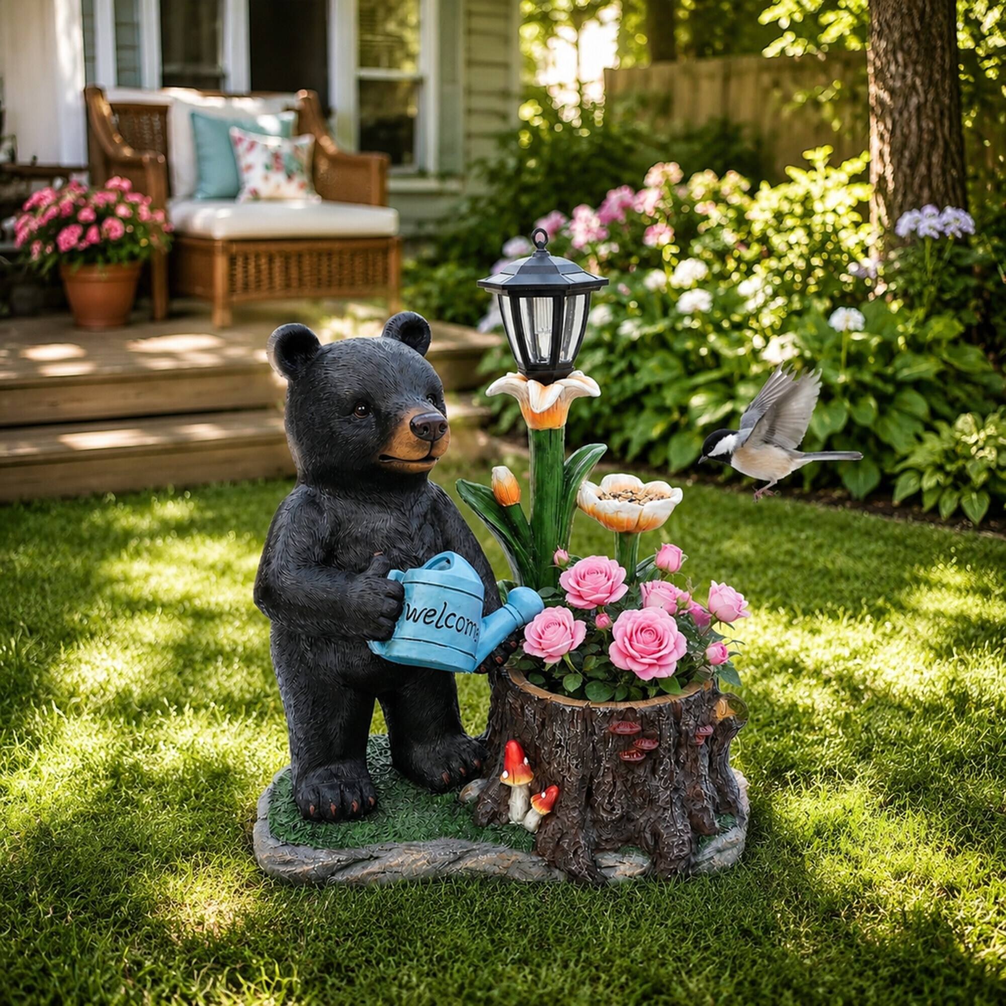 Alt View 2. RYHNUYNE - Whimsical Polyresin Black Bear Garden Planter with Solar Lantern and Flower Bird Feeder for Porch Patio and Cabin - Black.