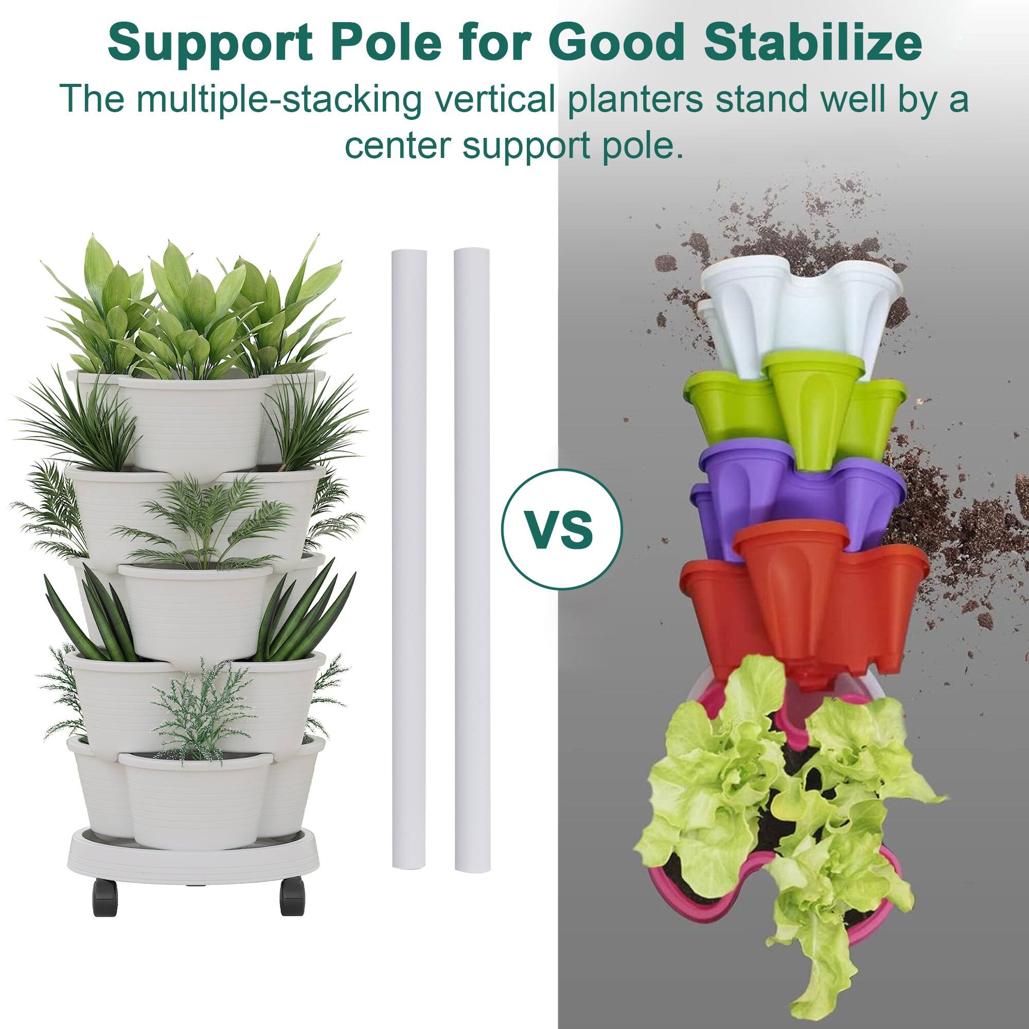Support Pole for Good Stabilize

The multiple-stacking vertical planters stand well by a center support pole.