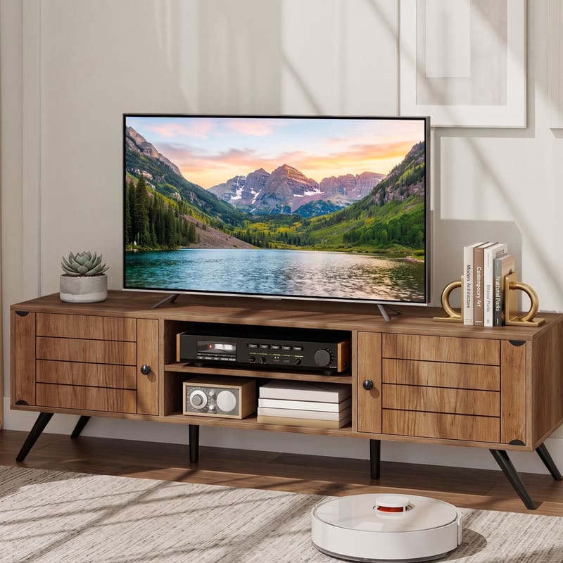 WELLFOR - Mid-Century Modern TV Stand for TVs up to 65 Inch, Wood Entertainment Center with 2 Door & Open Shelves - Oak price history on PriceWatchPro
