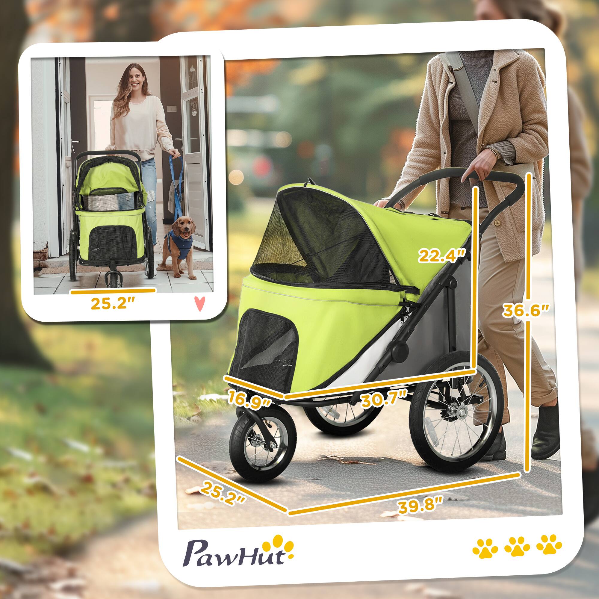 Left. Pawhut - Dog Stroller, 3 Wheels Pet Stroller with One-Hand Fold, Rubber Wheels, Storage Bag, Cushion, Safety Leash.