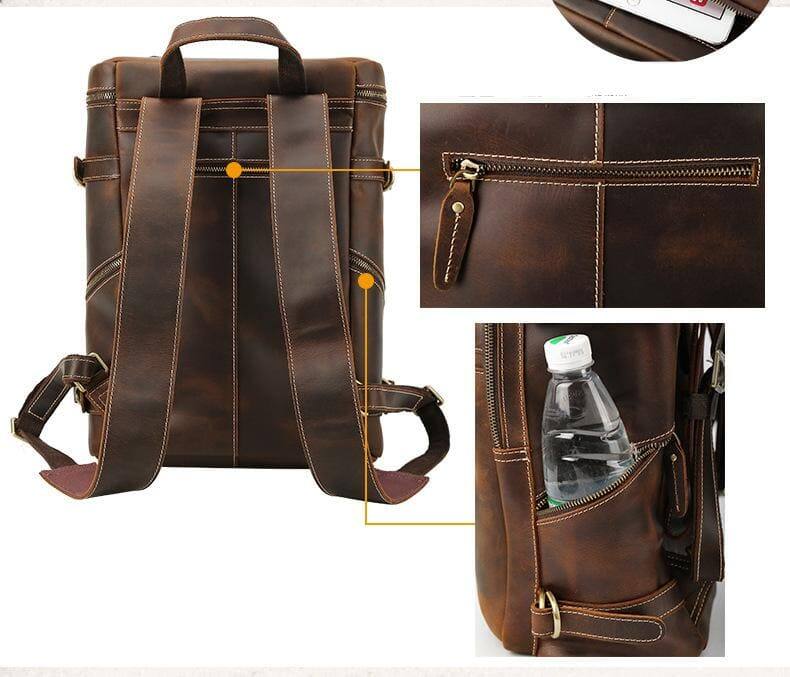 Back. Steel Horse Leather - The Raoul Backpack | Handmade Vintage Leather Backpack - Dark Brown.