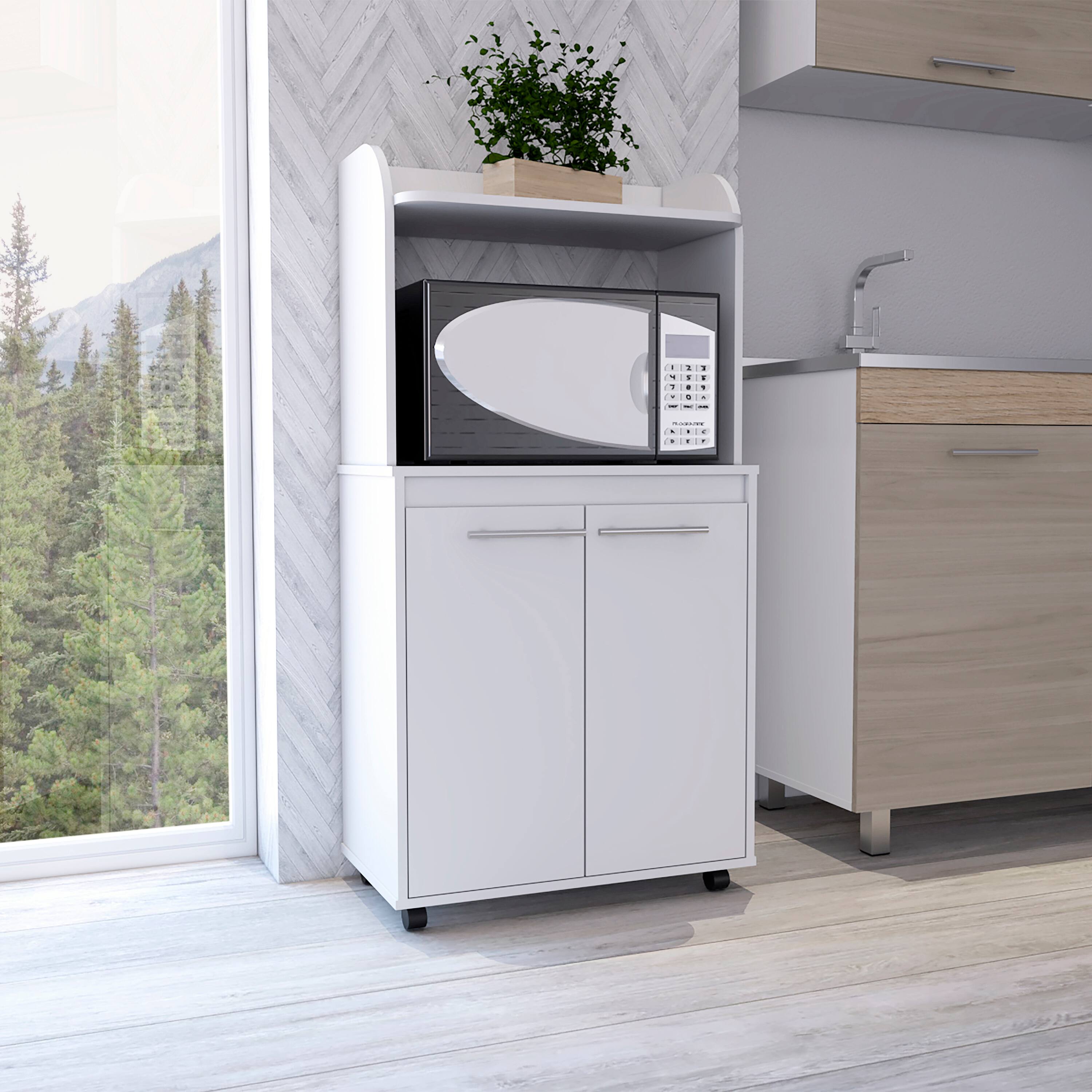 Angle. Spaco - Spaco Kitchen Cart with Double Door Cabinet with Open Shelf, 2 Interior Shelves, Microwave Stand and Casters - White.