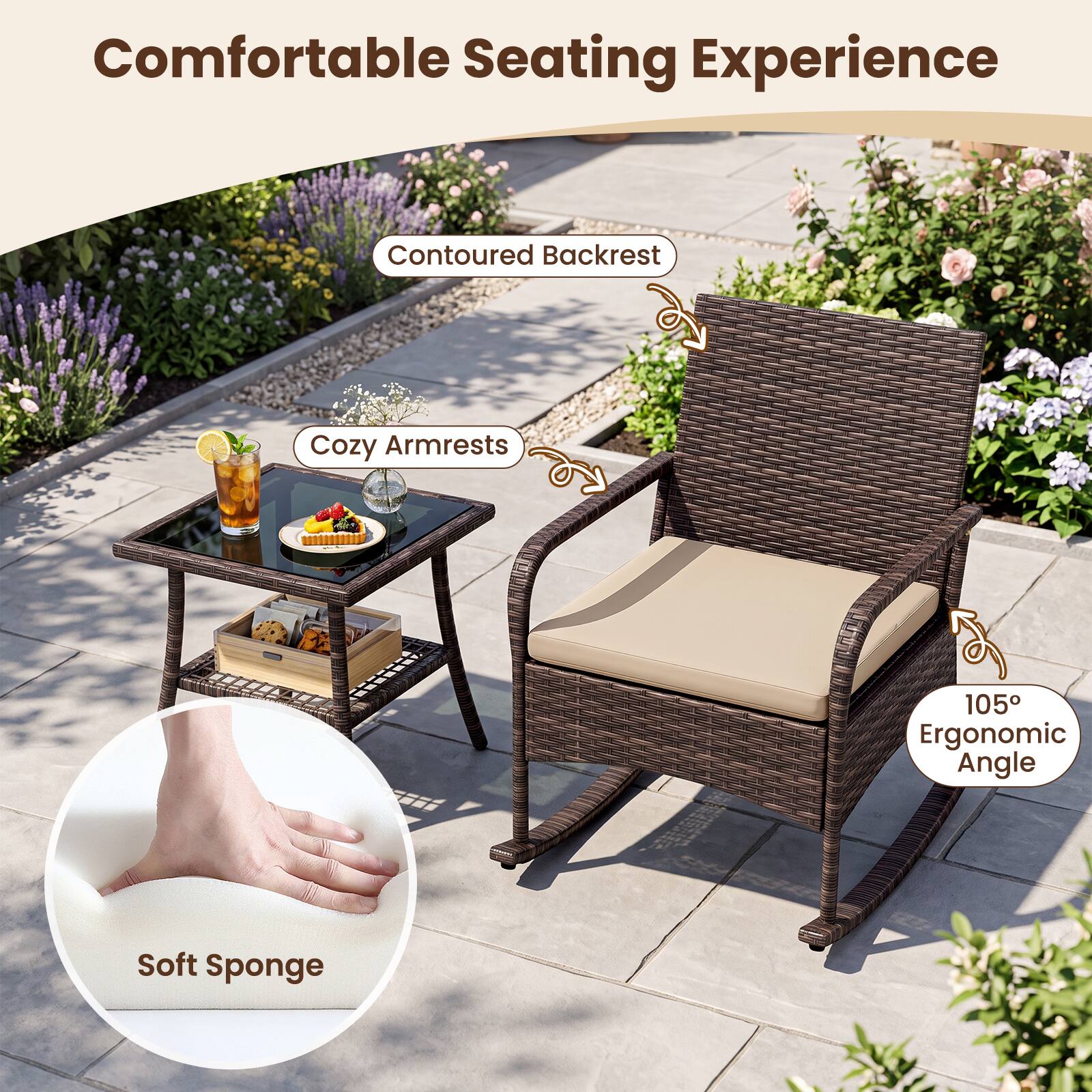 Comfortable Seating Experience  
Contoured Backrest  
Cozy Armrests  
105° Ergonomic Angle  
Soft Sponge